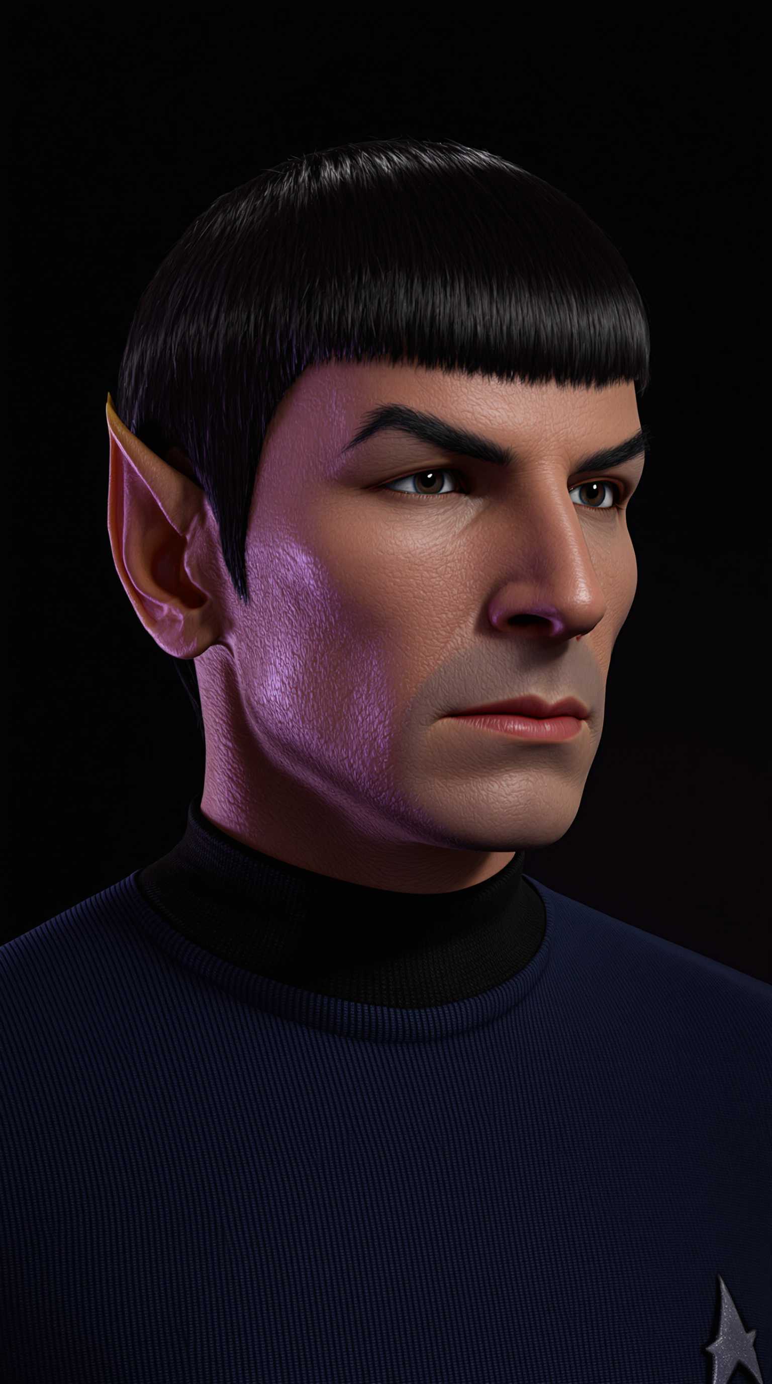 This image is a highly detailed and realistic 3D rendering of a male figure, specifically designed to resemble the character" Spock "from the Star Trek franchise. The rendering is characterized by its lifelike textures and lighting, which give the subject a very realistic appearance.The subjects hair is a dark, straight, and well defined black, with a natural looking shine and highlights that reflect light. The hair is neatly trimmed and styled with a straight, even cut that falls just above the forehead, giving the character a classic Spock look.The subjects skin is rendered with a high level of detail, showing realistic creases and folds around the eyes, nose, and mouth. The skin texture is smooth and natural, with subtle variations in color and tone that give the appearance of a living, breathing being.The subject is wearing a Starfleet uniform, which is a dark blue shirt with a black collar and cuffs. The fabric of the shirt appears to be a soft, knit material, with realistic folds and creases that indicate the weight of the fabric and the way it drapes over the subjects body.The background is a simple, dark gradient that fades from black at the top to a deep purple at the bottom, which serves to isolate and emphasize the subject. The lighting in the image is soft and diffused, with a gentle highlight on the subjects right cheek and chin, and a subtle shadow on the left side of the face, which adds depth and dimension to the rendering.Overall, the art style of the image is hyperrealistic, with a focus on lifelike textures, lighting, and color gradations. The medium used to create the image is 3D rendering, which allows for the creation of highly detailed and complex visual effects. The colors in the image are primarily dark and muted, with a focus on the contrast between the black hair and the dark blue shirt against the dark background.
