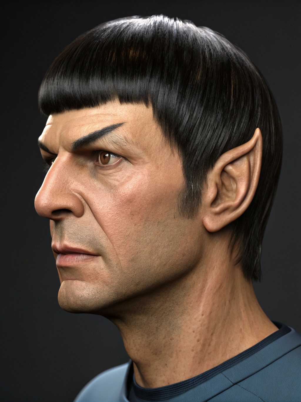 This image is a highly detailed and realistic 3D rendering of a male figure, specifically designed to resemble the character" Spock "from the Star Trek franchise. The rendering is characterized by its lifelike textures and lighting, which give the subject a very realistic appearance.The subjects hair is a dark, straight, and well defined black, with a natural looking shine and highlights that reflect light. The hair is neatly trimmed and styled with a straight, even cut that falls just above the forehead, giving the character a classic Spock look.The subjects skin is rendered with a high level of detail, showing realistic creases and folds around the eyes, nose, and mouth. The skin texture is smooth and natural, with subtle variations in color and tone that give the appearance of a living, breathing being.The subject is wearing a Starfleet uniform, which is a dark blue shirt with a black collar and cuffs. The fabric of the shirt appears to be a soft, knit material, with realistic folds and creases that indicate the weight of the fabric and the way it drapes over the subjects body.The background is a simple, dark gradient that fades from black at the top to a deep purple at the bottom, which serves to isolate and emphasize the subject. The lighting in the image is soft and diffused, with a gentle highlight on the subjects right cheek and chin, and a subtle shadow on the left side of the face, which adds depth and dimension to the rendering.Overall, the art style of the image is hyperrealistic, with a focus on lifelike textures, lighting, and color gradations. The medium used to create the image is 3D rendering, which allows for the creation of highly detailed and complex visual effects. The colors in the image are primarily dark and muted, with a focus on the contrast between the black hair and the dark blue shirt against the dark background.