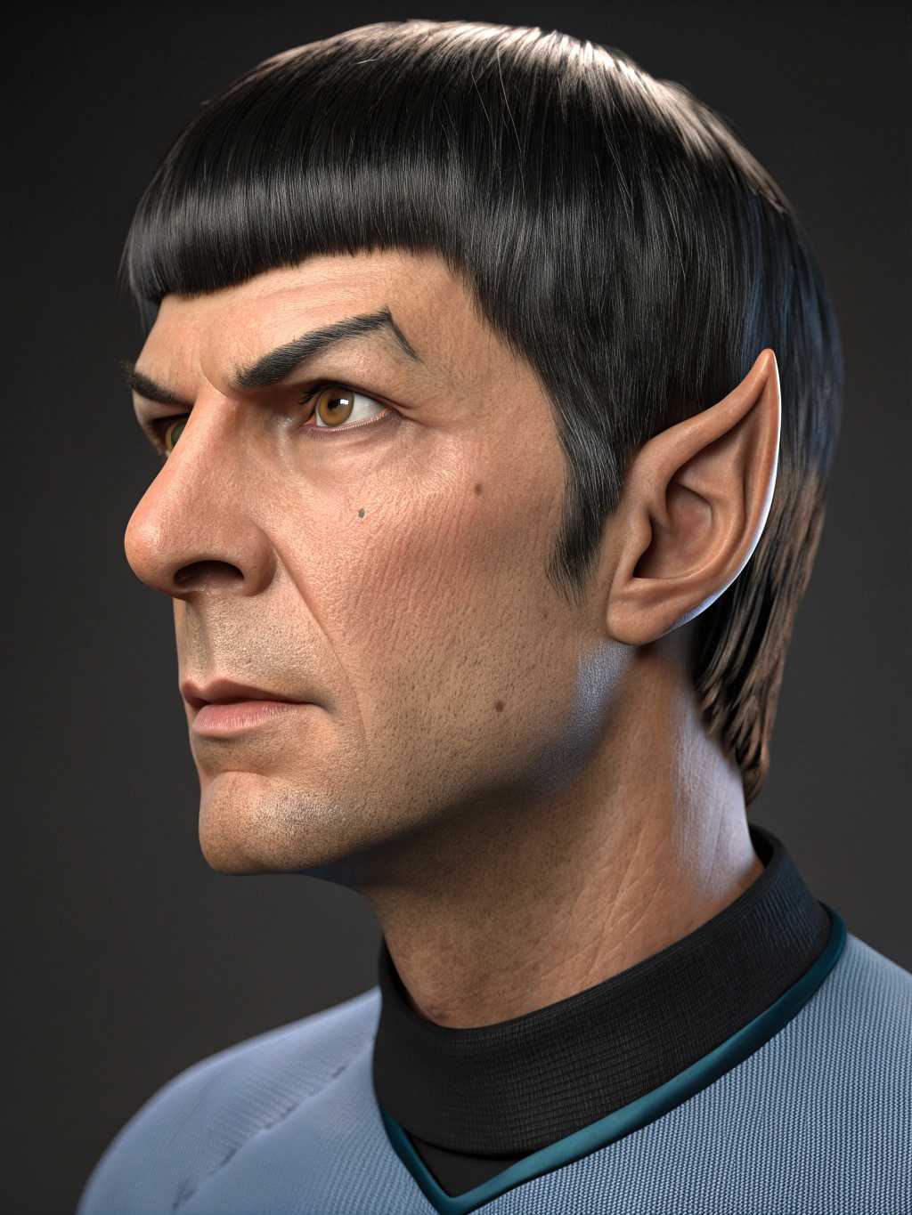 This image is a highly detailed and realistic 3D rendering of a male figure, specifically designed to resemble the character" Spock "from the Star Trek franchise. The rendering is characterized by its lifelike textures and lighting, which give the subject a very realistic appearance.The subjects hair is a dark, straight, and well defined black, with a natural looking shine and highlights that reflect light. The hair is neatly trimmed and styled with a straight, even cut that falls just above the forehead, giving the character a classic Spock look.The subjects skin is rendered with a high level of detail, showing realistic creases and folds around the eyes, nose, and mouth. The skin texture is smooth and natural, with subtle variations in color and tone that give the appearance of a living, breathing being.The subject is wearing a Starfleet uniform, which is a dark blue shirt with a black collar and cuffs. The fabric of the shirt appears to be a soft, knit material, with realistic folds and creases that indicate the weight of the fabric and the way it drapes over the subjects body.The background is a simple, dark gradient that fades from black at the top to a deep purple at the bottom, which serves to isolate and emphasize the subject. The lighting in the image is soft and diffused, with a gentle highlight on the subjects right cheek and chin, and a subtle shadow on the left side of the face, which adds depth and dimension to the rendering.Overall, the art style of the image is hyperrealistic, with a focus on lifelike textures, lighting, and color gradations. The medium used to create the image is 3D rendering, which allows for the creation of highly detailed and complex visual effects. The colors in the image are primarily dark and muted, with a focus on the contrast between the black hair and the dark blue shirt against the dark background.