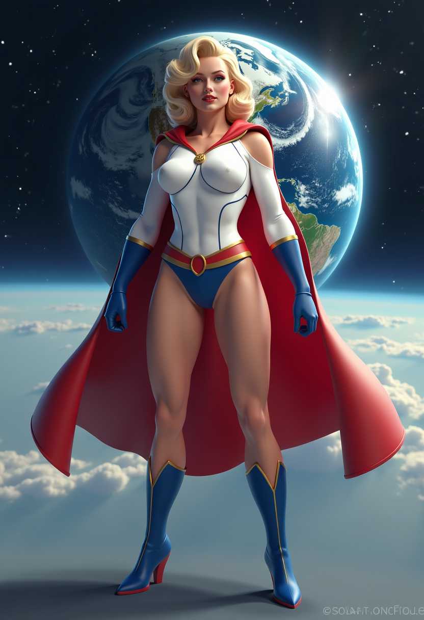  Marilyn Monroe,as Powergirl. The art style is a blend of realism and fantasy, with a focus on the characters muscular physique and the detailed textures of her costume and the Earth in the background. The medium appears to be a high resolution 3D model, likely created using software like Blender or Maya, with post processing effects applied in a program like Photoshop or Substance Painter.The colors in the image are rich and vibrant, with a predominance of blues, whites, and earth tones. The sky is a gradient of blues, transitioning from navy to a lighter blue near the horizon, where the Earth is visible. The Earth itself is a realistic portrayal, with continents, oceans, and clouds, bathed in sunlight that creates a glow around the planet. The characters costume is white with red and gold accents, which stand out against the blue of her gloves and boots.Objects in the image include the central figure, a muscular woman in a white bodysuit,a red cape, with red and gold detailing, standing confidently with her arms outstretched. The costume has a high neckline with large bust, long sleeves, and a thigh high slit, with a red belt cinching her waist and a gold buckle. She wears blue gloves and boots that match the gloves on her hands. Behind her, the Earth hangs in space, with the Americas visible, and the sun is shining brightly, creating a halo effect around the planet. The background is filled with stars, giving the impression of space.