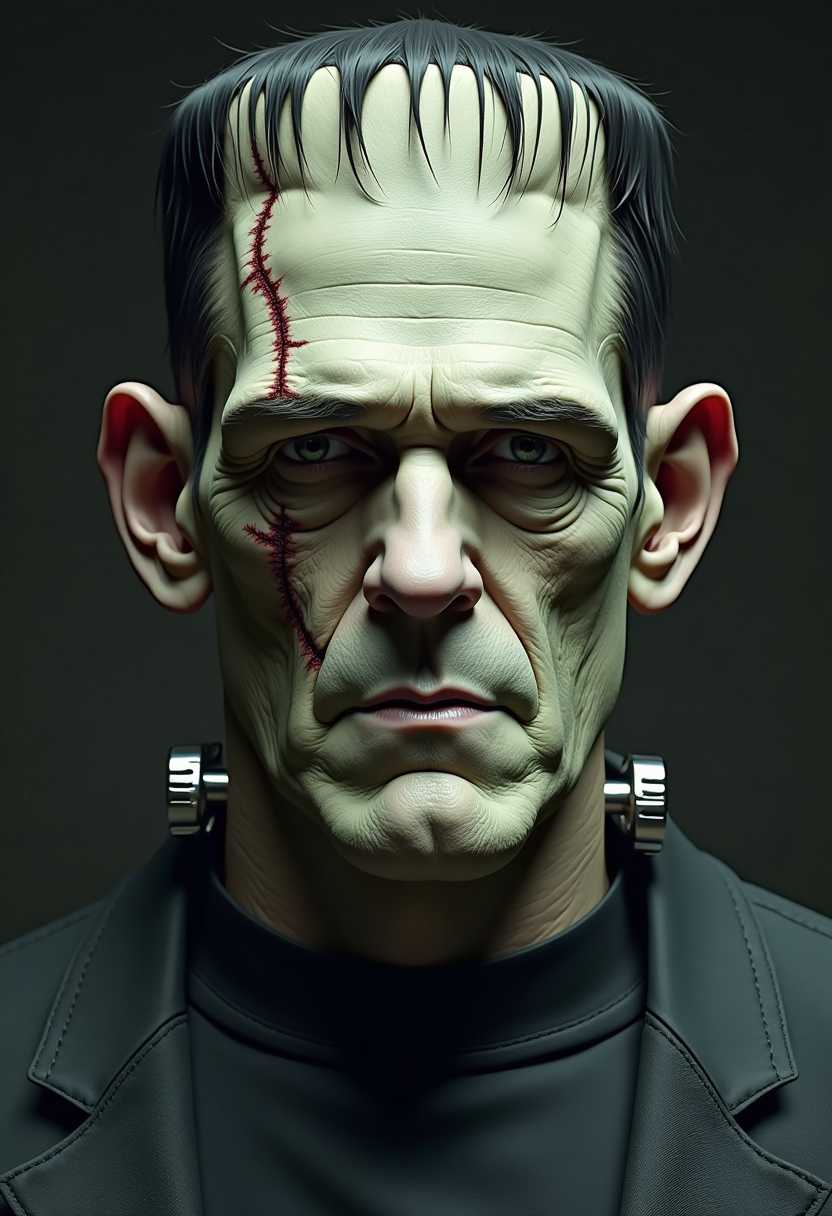 This image is a closeup portrait of a man dressed in a detailed costume that emulates the iconic character Frankensteins monster. The art style is realistic with a focus on textural details and lighting that gives the image a three dimensional quality.The medium appears to be a digital rendering, given the smoothness of the skin texture and the even lighting. The colors in the image are quite muted, with a predominance of greys, blacks, and a touch of greenish skin, which is characteristic of the monsters appearance. The lighting is dramatic, with a chiaroscuro effect that highlights the contours of the face and the costume.The costume features a bald head with a textured skin that mimics the monsters look, with prominent scars and stitching around the hairline. The stitching is detailed with individual threads and knots, adding to the realism. The ears are large and, with a similar textured skin and stitching. The neck is also adorned with a collar that appears to be made of metal plates, secured with bolts and rivets, which is a hallmark of the monsters design.The persons eyes are not visible, which focuses attention on the facial features and the costume. The expression on the face is neutral, contributing to the overall eerie and somber mood of the image. The background is plain and dark, which further emphasizes the subject and the costume.Overall, the image is a skillful representation of the Frankensteins monster character, capturing the essence of the iconic figure through realistic textures, colors, and lighting.