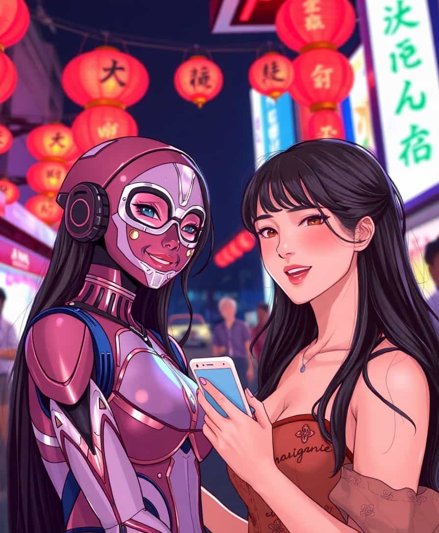 Stylish Anime Girls in a City at Night, with one holding a phone