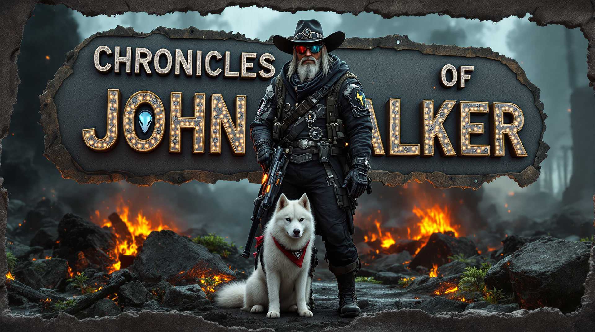 *cinematic, photorealistic, hyperrealistic, 8k, best quality*
huge sign that reads "Chronicle`s of John Walker", formed with large rusty, cracked, scattered, broken, old, copper, gold, black reflective glass material, metal lettering, built from seperate mechanics, gears, rotaries, plugs, screws, and alien artifacts—blending seamlessly into a futuristic aesthetic. The frame is a horizontal oval cracked stone like weatred style, weathered cutout in a torn-out dieselpunk-style poster, adorned with alien hunter symbols. The edges of the poster are rusty torn weathered, showing damage from time, streaks of rust, and patches of overgrown moss.

Walker "a tall man", stands in a commanding pose, holding his sci-fi rifle naturally with both hands, the barrel slightly angled to emphasize its alien-tech design. He faces the camera with his loyal white huskie sitting proudly in front of him, gazing straight ahead. intense eyes behind transparent smoke-tinted AR sunglasses with silver frames, reflecting a faint orange glow. His long grey-white hair flows naturally to his shoulders, complementing his rugged 1/2 long grey-and-white striped beard. A coal-black wide-brimmed cowboy hat with intricate atompunk accents shades his stern expression. Around his neck, a grey alien-patterned bandana hints at his extraterrestrial encounters.

Walker’s attire is a heavy black pilot-style winter coat, its LED indicators shifting between alien glyphs and tactical readouts. The coat’s emblems include:

    An alien head insignia on the chest.
    A huskie-shaped badge on the lapel.
    The arms feature an Enclave red patch and a black star-ring patch with an "E."

On his back rests a coal-black survival rucksack, detailed with a Brotherhood of Steel patch. Rugged tactical trousers and dark sci-fi boots complete his ensemble. A sci-fi revolver is holstered at his hip for backup.

Huskie Companion:
Walker’s huge white huskie, wearing a military-grey backpack and a red bandana, sits in front of him, fully alert. Its intelligent gaze reflects the loyalty and trust of a battle-hardened companion. The huskie’s fur shimmers faintly in the soft glow of ambient alien light.

Background Details:
The setting portrays an alien battlefield with glowing green and orange debris, charred skeletons, and melted battle robots. Burnt-out vehicles and jagged rocks dominate the landscape, scattered with glowing bio-luminescent alien plant life and crumbled retro-tech structures, inspired by Fallout 3, Bioshock, and Red Dead Redemption.

Final Aesthetic Notes:
The scene is captured as a weathered poster design, blending dieselpunk and solarpunk aesthetics. The mix of retro-futuristic and alien elements encapsulates Walker’s heroic journey in a dystopian universe, evoking awe and mystery.