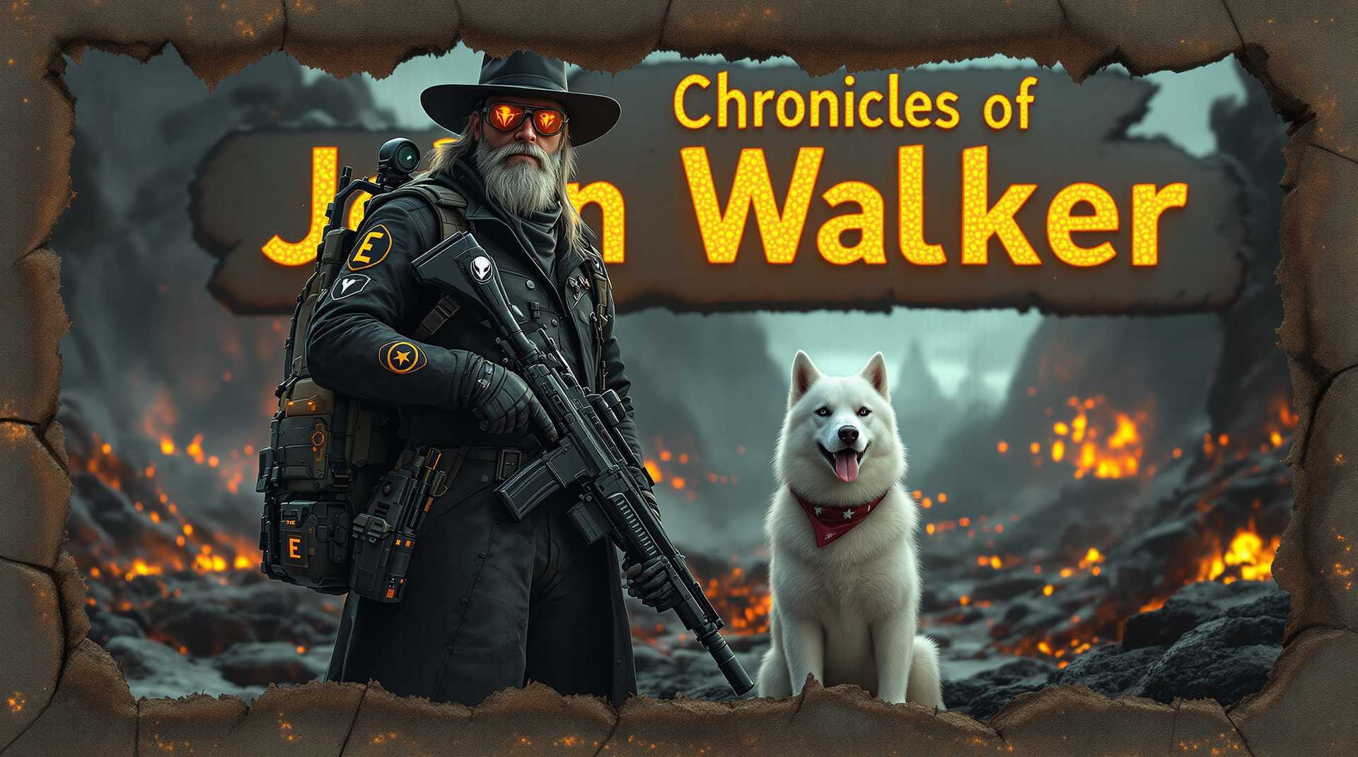 
*cinematic, photorealistic, hyperrealistic, 8k, best quality*

Walker "a tall man", 51 years old, well fit and healthy, hansom man, stands in a shooting pose, holding his sci-fi rifle naturally with both hands, the barrel slightly angled to emphasize its alien-tech design. He faces the camera with his loyal white huskie sitting proudly in front of him, gazing straight ahead. intense eyes behind transparent smoke-tinted AR sunglasses with silver frames, reflecting a faint orange glow. His long grey-white hair flows naturally to his shoulders, complementing his rugged 1/2 long grey-and-white striped beard. A coal-black wide-brimmed cowboy hat with intricate atompunk accents shades his stern expression. Around his neck, a grey alien-patterned bandana hints at his extraterrestrial encounters. alien space ships and flying vehicles, luring green eyes behind in the shadows, alien critters, 

Walker’s attire is a heavy black pilot-style winter coat, its LED indicators shifting between alien glyphs and tactical readouts. The coat’s emblems include:

    An alien head insignia on the chest.
    A huskie-shaped badge on the lapel.
    The arms feature an Enclave red patch and a black star-ring patch with an "E." led glowing patches for gadgest , diode lights, 

On his back rests a coal-black survival rucksack, detailed with a Brotherhood of Steel patch. Rugged tactical trousers and dark sci-fi boots complete his ensemble. A sci-fi revolver is holstered at his hip for backup

huge sign that reads "Chronicle`s of John Walker", formed with large rusty, cracked, scattered, broken, old, gold and black reflective glass material,iron lettering, built from seperate mechanics, gears, rotaries, plugs, rusty car parts, screws, and alien artifacts—blending seamlessly into a futuristic retro aesthetic. The frame is a horizontall cracked stone like weatred style wall, weathered cutout in a torn-out dieselpunk-style poster, adorned with alien hunter symbols. The edges of the poster are rusty torn, burned, patina,  weathered, showing damage from time, streaks of rust, and patches of overgrown moss.

Huskie Companion:
Walker’s huge white huskie, wearing a military-grey backpack and a red bandana, sits in front of him, fully alert. Its intelligent gaze reflects the loyalty and trust of a battle-hardened companion. The huskie’s fur shimmers faintly in the soft glow of ambient alien light.

Background Details:
The setting portrays an alien battlefield with glowing green, blue, purple, yellow and orange debris, charred alien skeletons, and melted battle robots. Burnt-out vehicles and jagged rocks dominate the landscape, scattered with glowing bio-luminescent alien plant life and crumbled retro-tech structures, inspired by Fallout 3, Bioshock, and Red Dead Redemption.

Final Aesthetic Notes:
The scene is captured as a weathered poster design, blending dieselpunk and aesthetics. The mix of retro-futuristic and alien elements encapsulates Walker’s heroic journey in a dystopian universe, evoking awe and mystery.