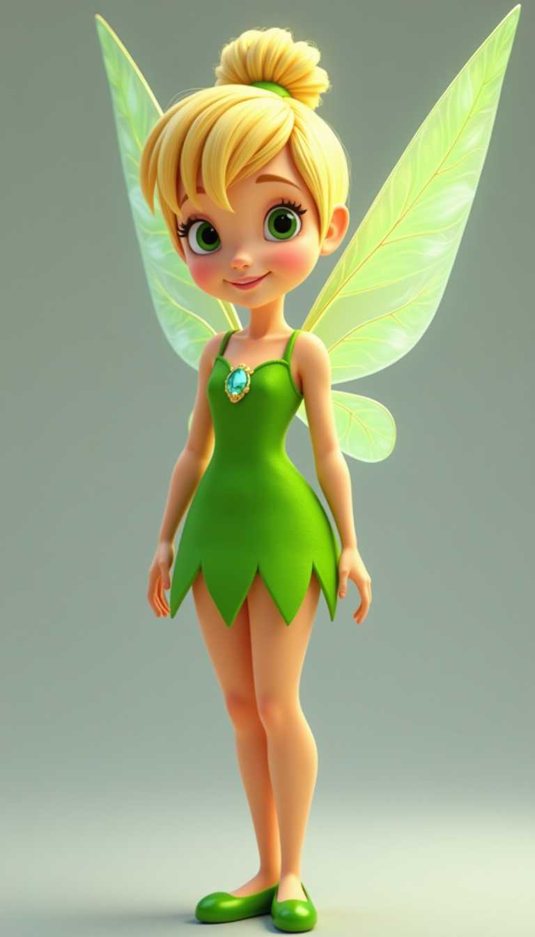 3d cartoon girl. This image features a character that resembles Tinkerbell, a wellknown fairy from the Peter Pan series. The character is depicted with a youthful and innocent appearance, with a soft, serene expression on her face.The art style is digital, with a high level of detail and smooth color transitions. The medium appears to be a digital painting, as evidenced by the realistic textures and shading. The lighting in the image is soft and diffused, creating a gentle ambiance.The colors in the image are primarily shades of green, which is a nod to the characters traditional attire. The green of her dress is a vibrant, almost neon shade, with a subtle sheen that gives the fabric a realistic texture. The wings are a translucent, pale green, with a gradient effect that adds depth and dimension. The background is a muted, neutral gray, which serves to highlight the subject without overpowering her.The objects in the image are primarily the characters costume and wings. The dress is sleeveless, with a fitted bodice that flares out into a skirt. The bodice is adorned with a central, faceted gem that resembles a crystal, adding a touch of elegance to the outfit. The wings are semitransparent, with a delicate vein pattern that gives them a realistic appearance. They are attached to the characters back, and their positioning suggests that they are slightly outstretched
