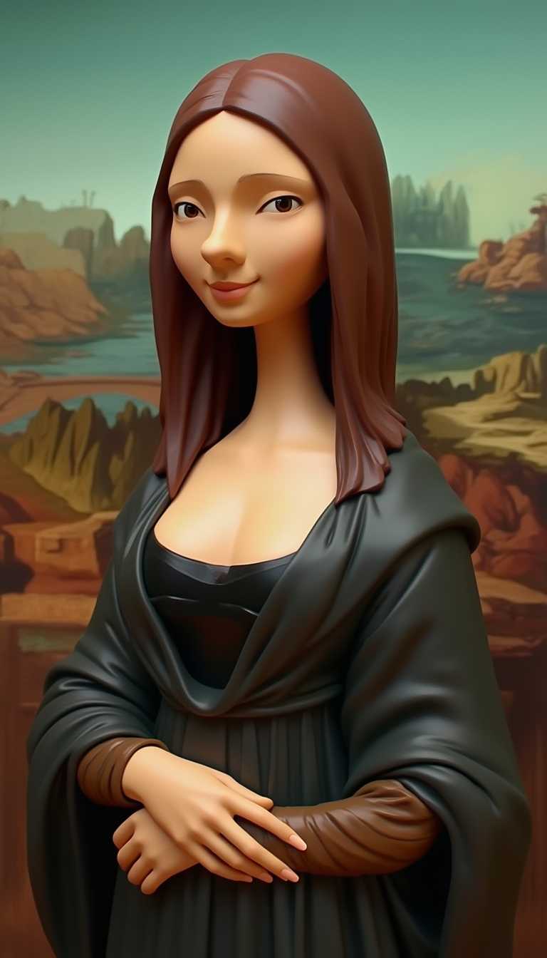 This image is a 3d digital recreation or manipulation of the famous painting Mona Lisa by Leonardo da Vinci. The colors are rich and varied, with a predominance of earthy tones that give the image a warm, almost sepiatoned quality. The simplified low poly 3d cartoon figure made of glossy painted wood is dressed in a dark, draped garment with a high neckline and a black undergarment that is visible at the collar. The folds of the clothing are rendered with a high degree of realism, showing the texture and volume of the fabric.The figures hair is a deep chestnut brown, styled in a periodappropriate manner, falling straight down her back. Her expression is serene and enigmatic, with a slight smile and a gaze that seems to penetrate.The background is a surreal 3d landscape that includes undulating hills, a body of water, and a faintly visible structure that could be a bridge or a tower. The landscape is created with fluid, organic shapes and a dreamlike quality, with a palette that includes blues, greens, and earth tones.