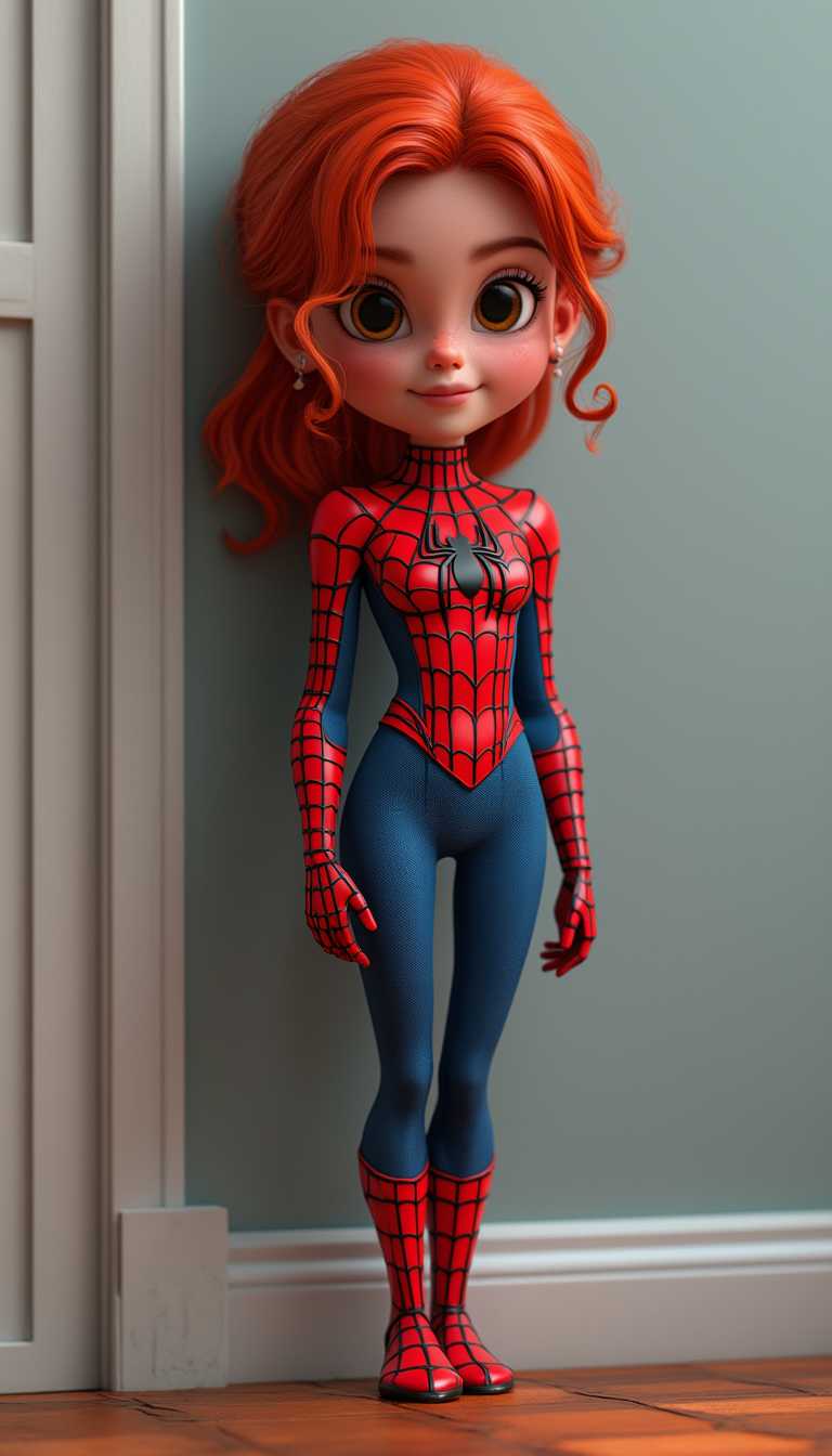 This image features a 3d cartoon girl dressed in a detailed costume that is a faithful representation of the iconic SpiderMan suit. The costume is predominantly red with a web pattern that is meticulously designed to replicate the superheros attire. The suit also includes blue accents on the arms and legs, which are consistent with the classic SpiderMan design. The black spider emblem on the chest is central and bold, serving as the focal point of the costume.The person is standing against a neutral background that consists of a light grey wall and a white door frame, which provides a stark contrast to the vivid colors of the costume. The lighting in the image is soft and even, ensuring that the costume is welllit and the details are clear. The persons hair is a bright red, which matches the costume and adds to the overall cohesive look.The art style of the image is realistic, with attention to the textures and shadows that give the costume a threedimensional appearance. 