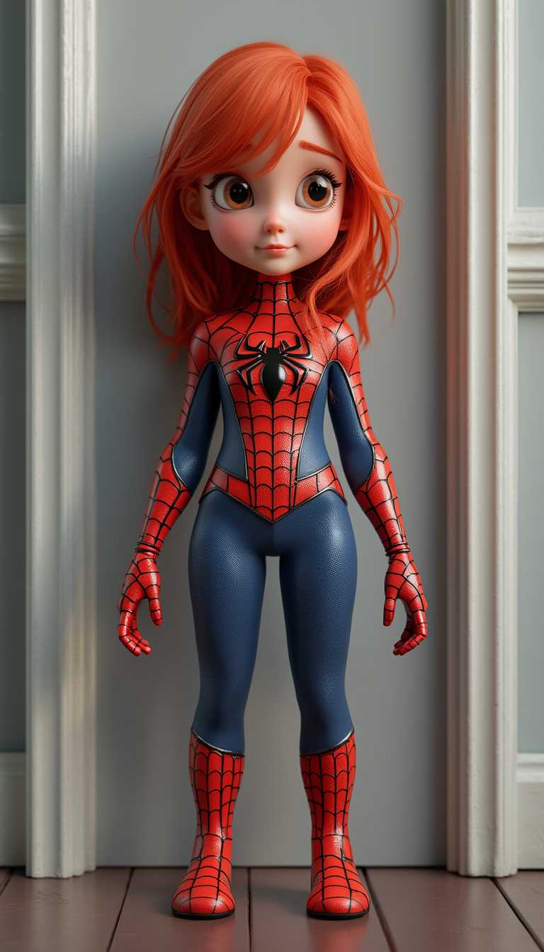 This image features a 3d cartoon girl dressed in a detailed costume that is a faithful representation of the iconic SpiderMan suit. The costume is predominantly red with a web pattern that is meticulously designed to replicate the superheros attire. The suit also includes blue accents on the arms and legs, which are consistent with the classic SpiderMan design. The black spider emblem on the chest is central and bold, serving as the focal point of the costume.The person is standing against a neutral background that consists of a light grey wall and a white door frame, which provides a stark contrast to the vivid colors of the costume. The lighting in the image is soft and even, ensuring that the costume is welllit and the details are clear. The persons hair is a bright red, which matches the costume and adds to the overall cohesive look.The art style of the image is realistic, with attention to the textures and shadows that give the costume a threedimensional appearance. 