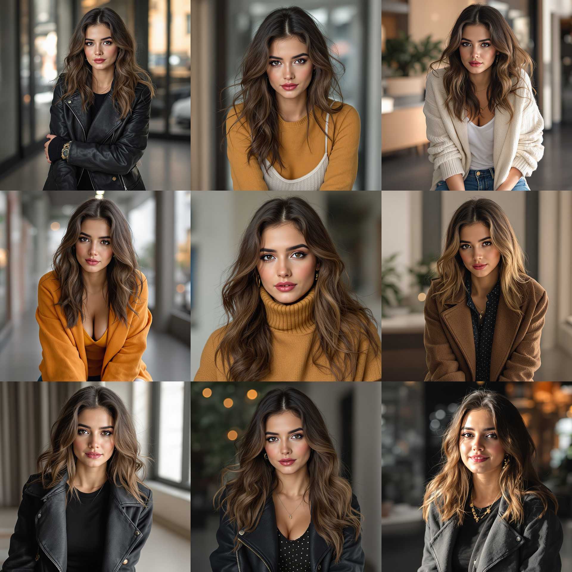 create an 8 image grid of a cute brunette woman wearing different clothing and in different lighting and background scenes.