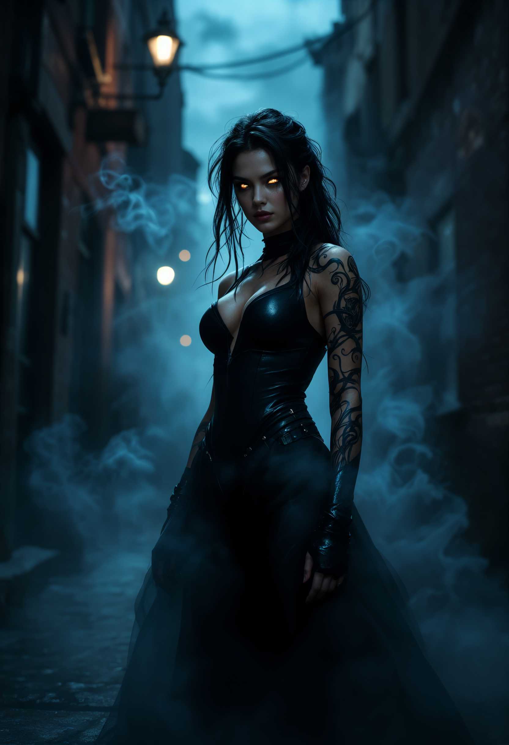 masterpiece, best quality, highres, sharp image, more detail, A fierce female shadow hunter stands confidently in a dimly lit urban alleyway, her figure partially cloaked in swirling shadows that shift and dance around her like living smoke. She has striking features with piercing eyes that glow faintly in the darkness, an intricate tattoo of swirling tendrils wrapping around her arms, symbolizing her mastery over shadow powers. 

Wearing a sleek, form-fitting outfit in deep blacks and dark purples, the fabric is adorned with subtle metallic accents that catch the faintest light. The atmosphere is moody and mysterious, with the faint glow of distant street lights illuminating the mist that hangs in the air, casting an ethereal aura around her.

The shadows at her feet pool and extend outward, creating an otherworldly effect, as if she commands the darkness itself. A misty night sky provides the backdrop, with hints of deep blues and purples appearing between the scattered clouds. Camera angle is slightly low, making her appear larger than life, and the composition is framed to focus on her, with the shadows stretching dramatically into the surrounding environment. 

The overall mood is tense and enigmatic, evoking a sense of power and control amidst an urban setting, blending elements of fantasy and dark allure. The image embodies a cinematic quality, reminiscent of high