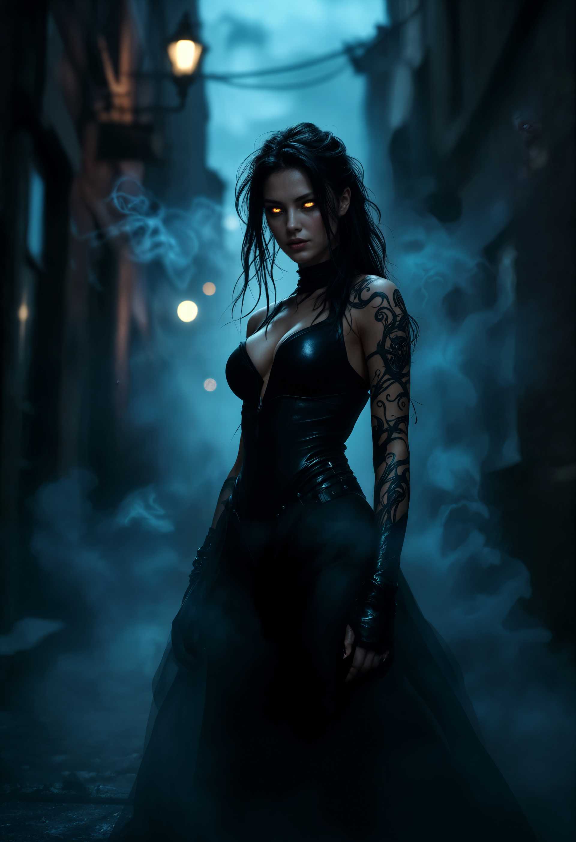 AI-generated image: masterpiece, best quality, highres, sharp image, more detail, A fierce female shadow hunter stands c