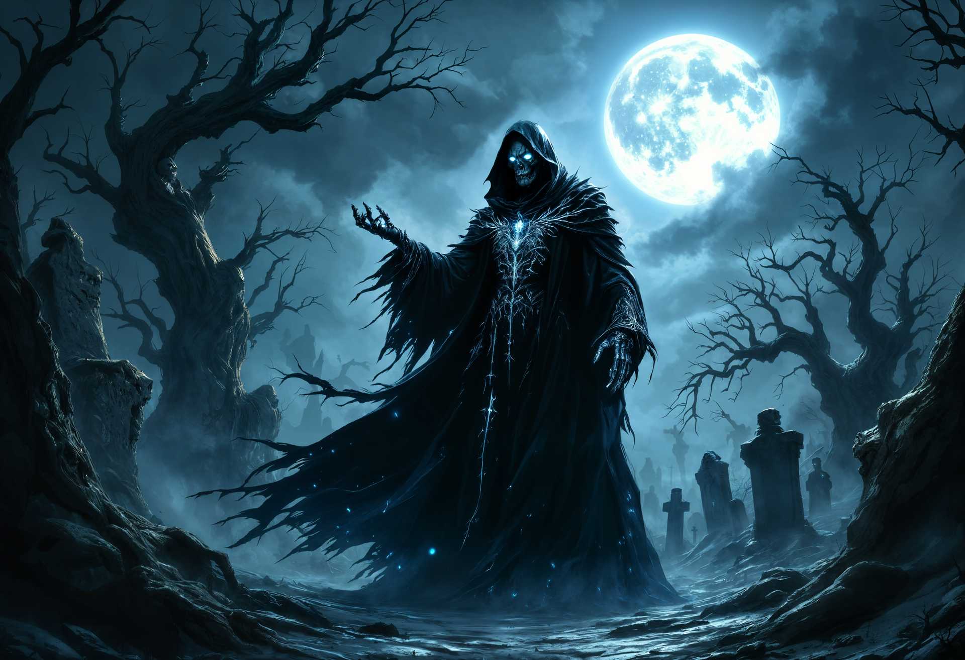 AI-generated image: masterpiece, best quality, highres, sharp image, more detail, A powerful male necromancer stands imp