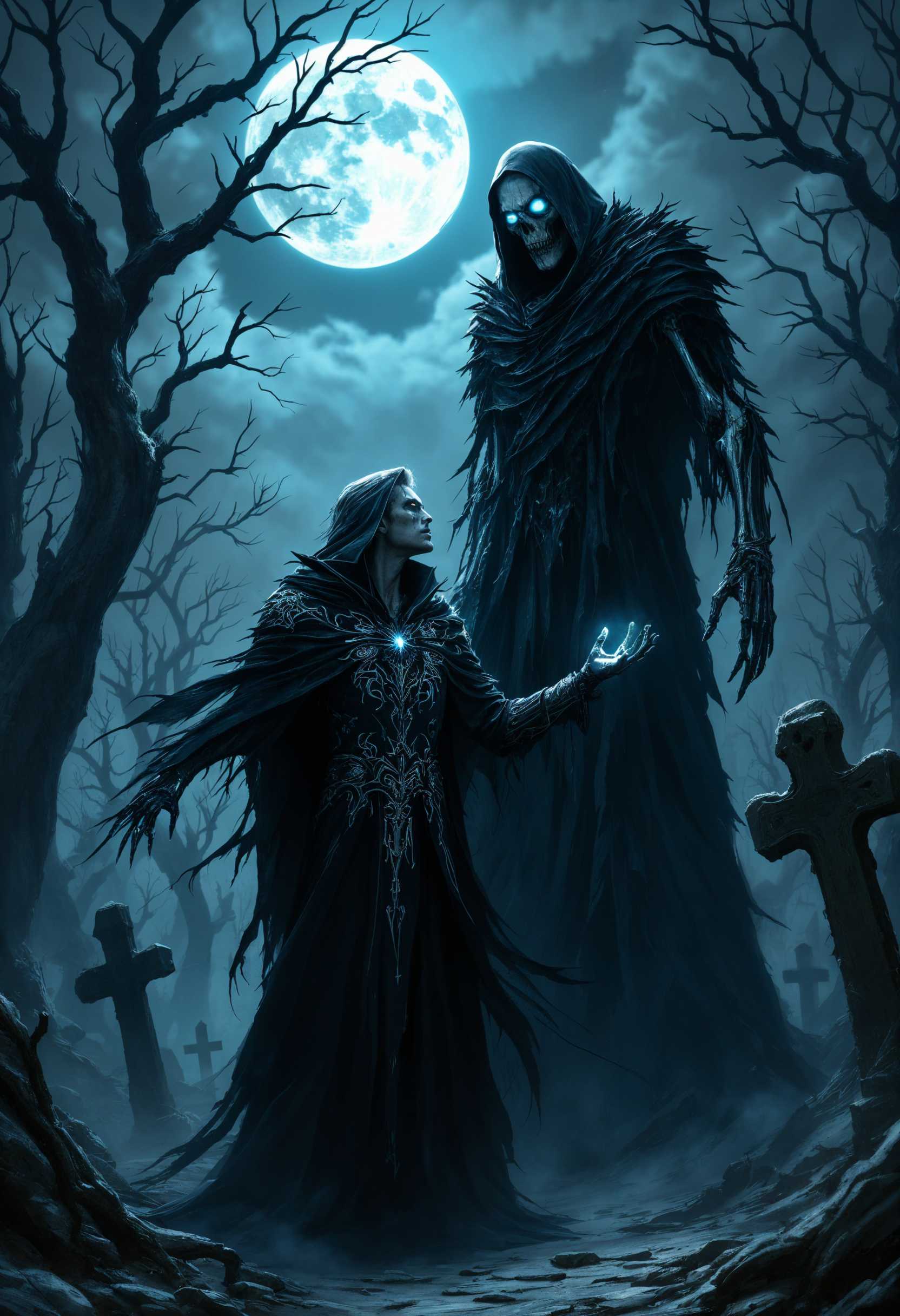 masterpiece, best quality, highres, sharp image, more detail, A powerful male necromancer stands in an ancient, shadowy graveyard, commanding a looming skeletal soul reaper. His long, dark robe flows like smoke, adorned with intricate silver patterns that glimmer in the moonlight. The necromancer's piercing eyes emanate a ghostly blue light, reflecting his mastery over the undead. He raises one hand, beckoning the soul reaper, which towers beside him, draped in tattered black cloaks that flutter eerily in the cold night air. The background is filled with twisted, gnarled trees under a cloudy sky, enhancing the ominous atmosphere. The scene is illuminated by the ethereal glow of the moon, casting sharp shadows across the ground, and creating a sense of foreboding. This image captures the dark fantasy style, with a focus on gothic elements and dramatic lighting, conveying an eerie and commanding mood.