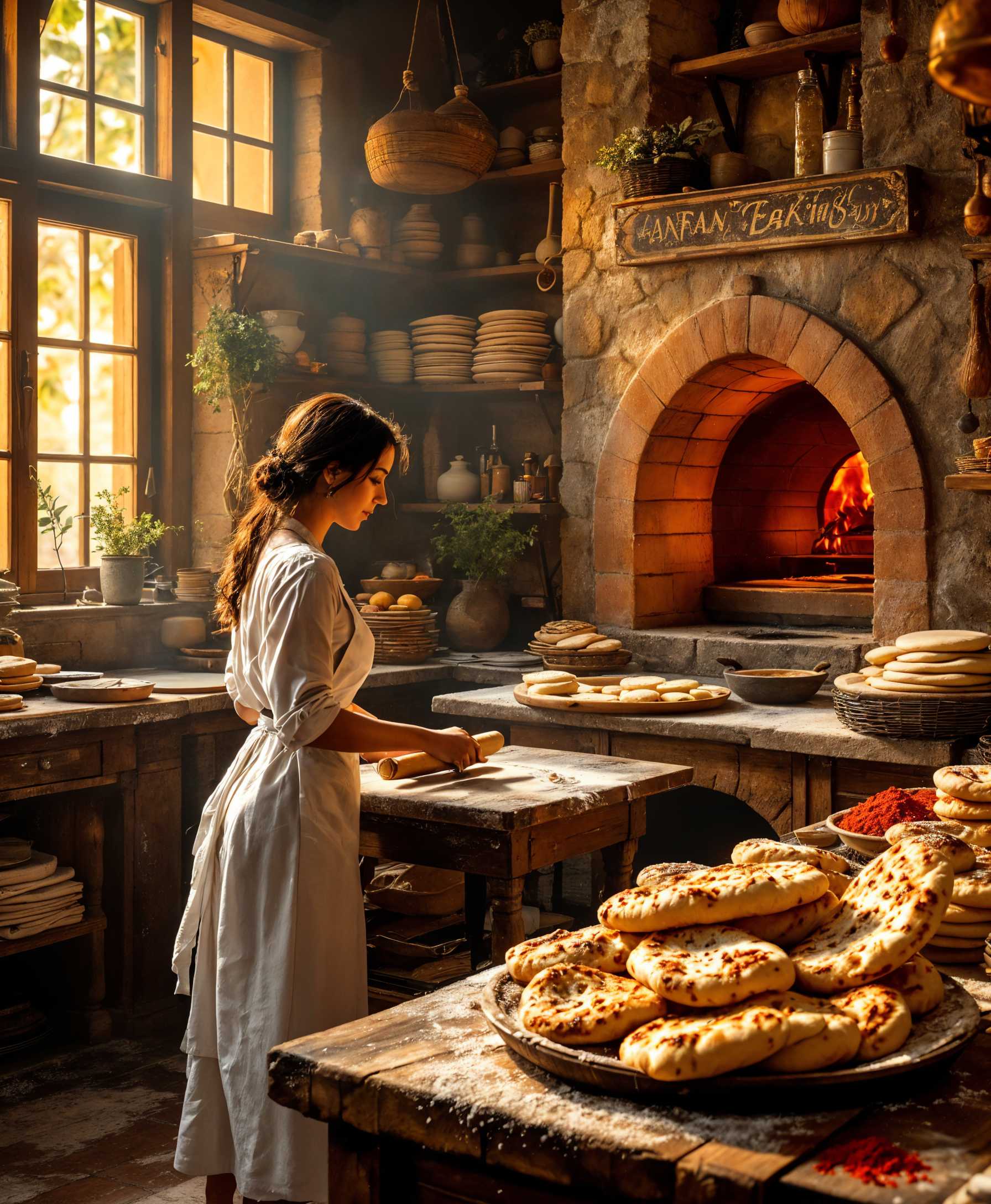 masterpiece, best quality, highres, sharp image, more detail, "An atmospheric Persian bakery, bustling with activity, showcasing the process of baking traditional Persian nan. The scene is filled with warm golden light filtering through the wooden windows, casting soft shadows on the rustic stone walls. A baker, clad in a white apron, skillfully handles a rolling pin, shaping dough on a flour-dusted wooden table. In the background, a large clay tandoor oven emits a gentle glow, surrounded by stacks of freshly baked nan, with their golden-brown, slightly charred surfaces invitingly glistening. Vivid spices and colorful ingredients adorn the shelves, enhancing the rich, cultural ambiance of the bakery. This detailed, cozy scene captures the essence of Persian culinary tradition, evoking a warm, inviting mood, reminiscent of a sunlit afternoon."