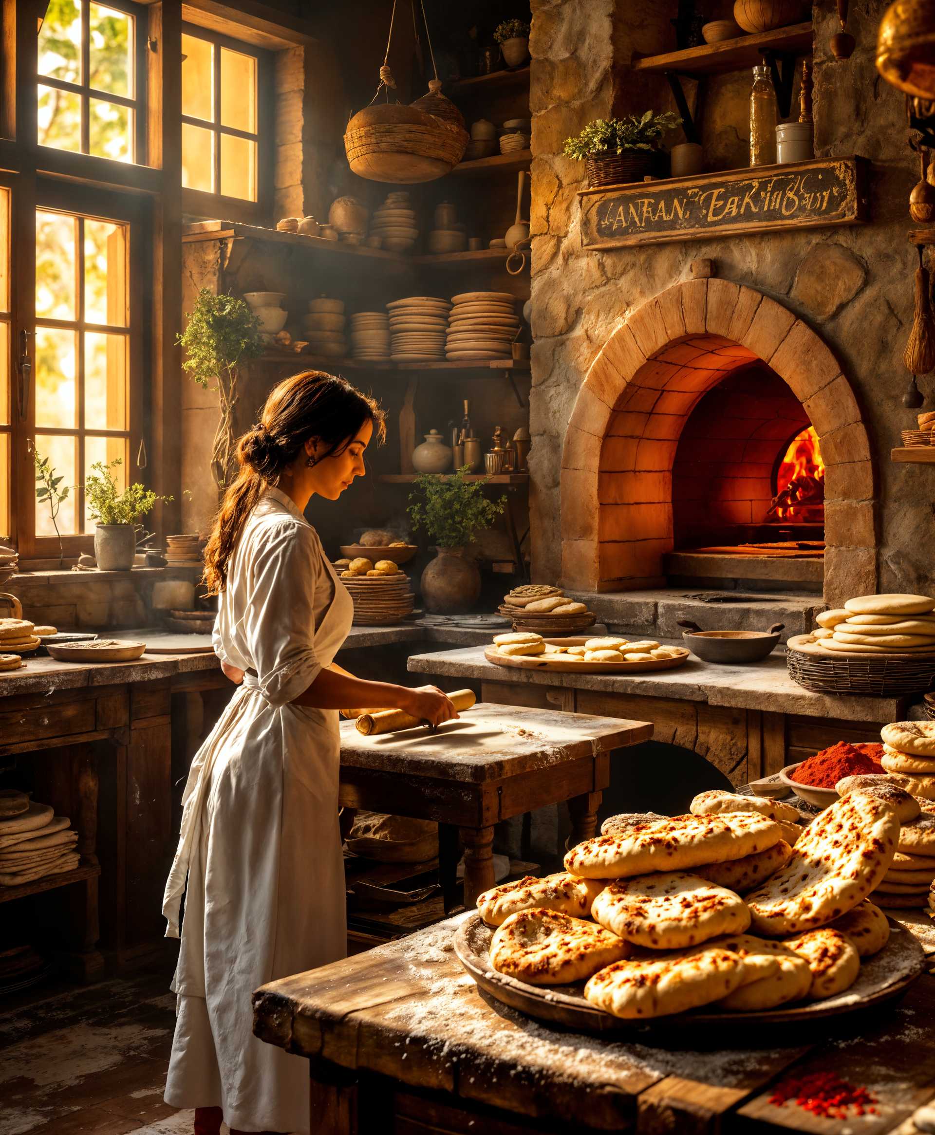 AI-generated image: masterpiece, best quality, highres, sharp image, more detail, "An atmospheric Persian bakery, bustli