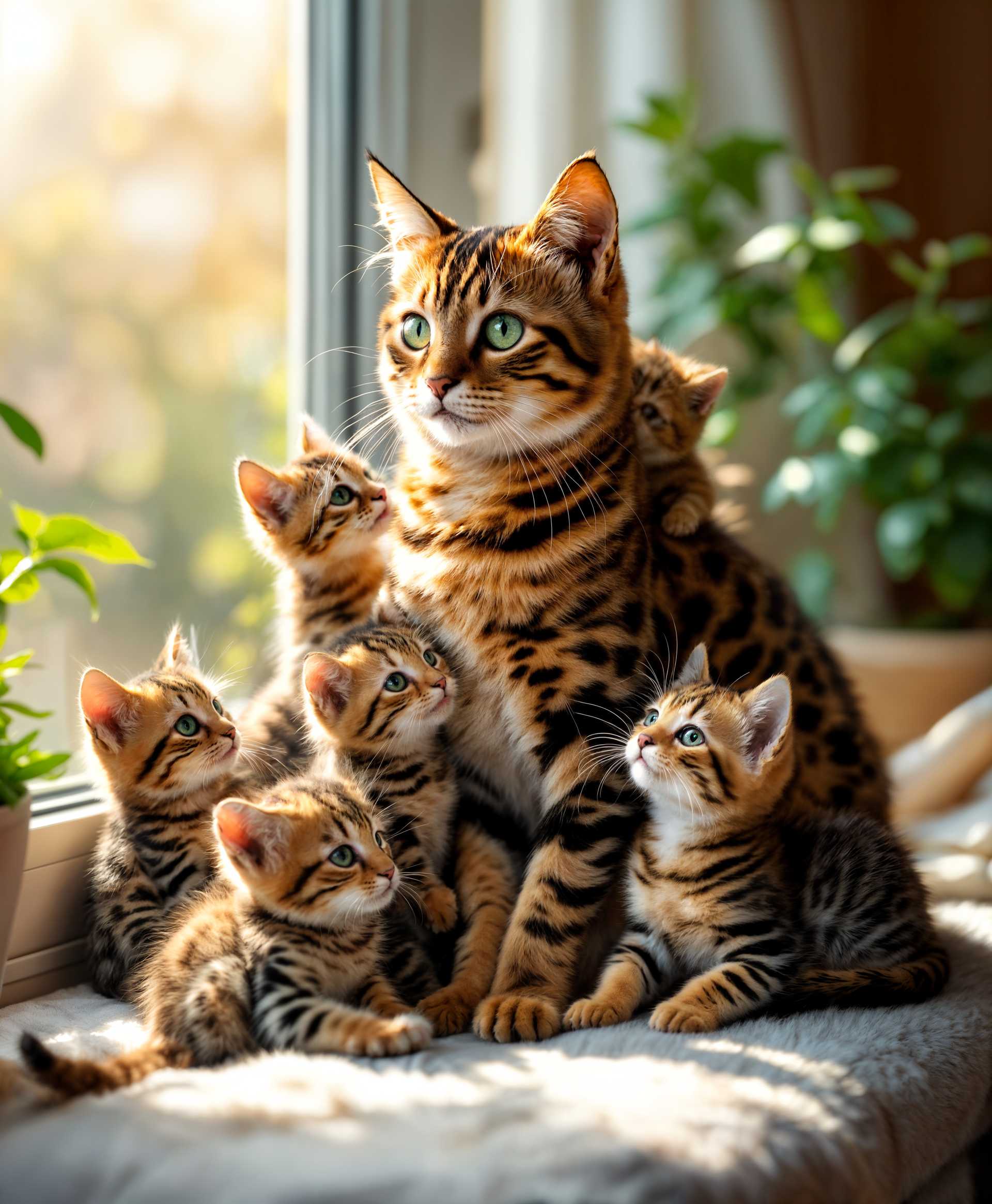 AI-generated image: masterpiece, best quality, highres, sharp image, more detail, A whimsical scene of a mother cat surr