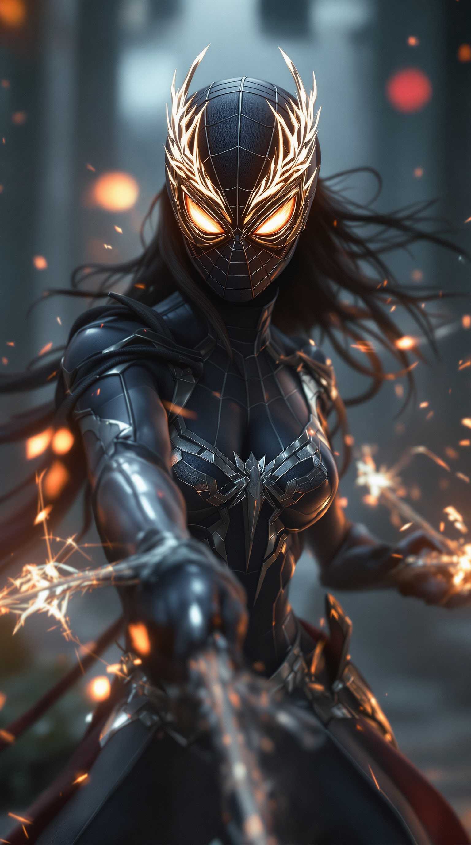 SpiderWoman Cosplay Stylish Black Costume with Glowing Eyes