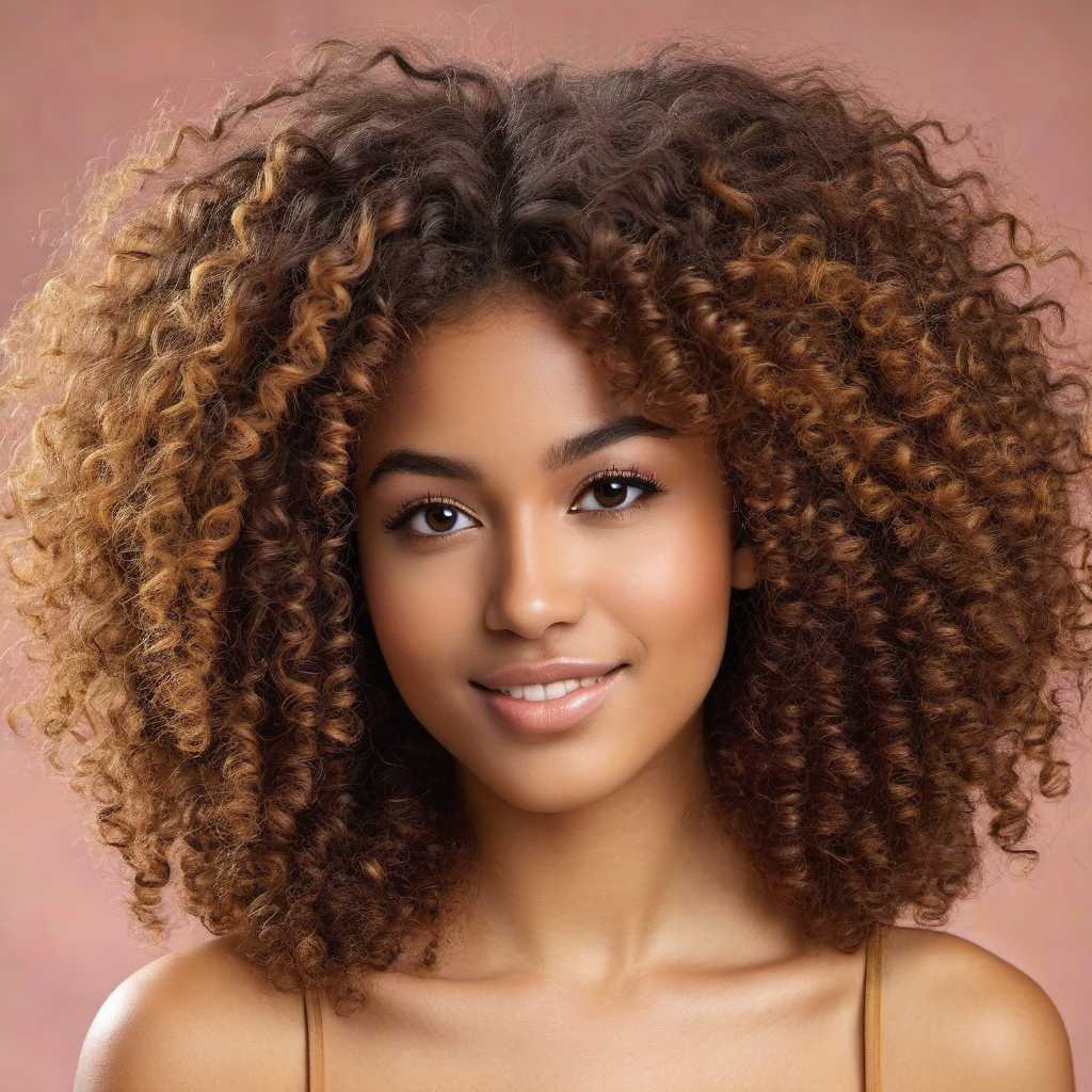 A beautiful 22-year-old Western young woman with long, curly afro-textured hair radiates a captivating and bold elegance. Her rich, voluminous curls frame her face like a crown, highlighting her glowing complexion, which ranges from deep mocha to warm caramel, with a natural vibrancy that reflects her confidence. Her expressive dark eyes, framed by thick lashes, shine with intelligence and warmth, while her unique style blends contemporary trends with bold patterns and textures, celebrating her individuality and cultural pride.