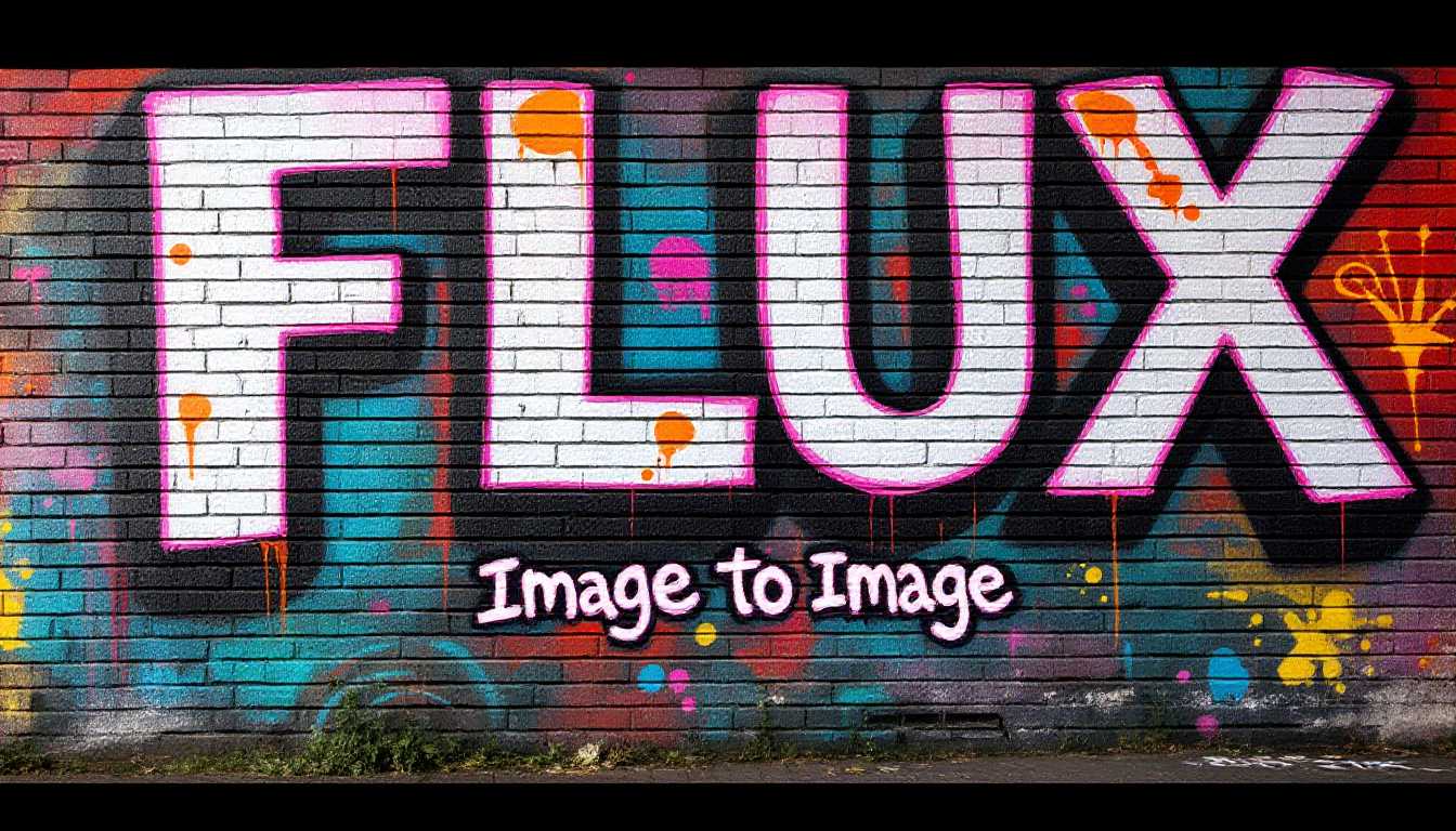 a brick wall spraypainted with vibrant graffiti that reads "FLUX Image To Image"
