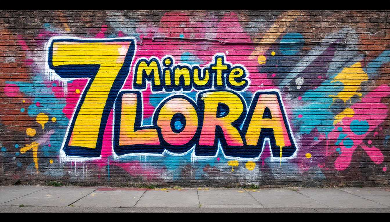 a brick wall spraypainted with vibrant graffiti that reads "7 Minute LoRA"