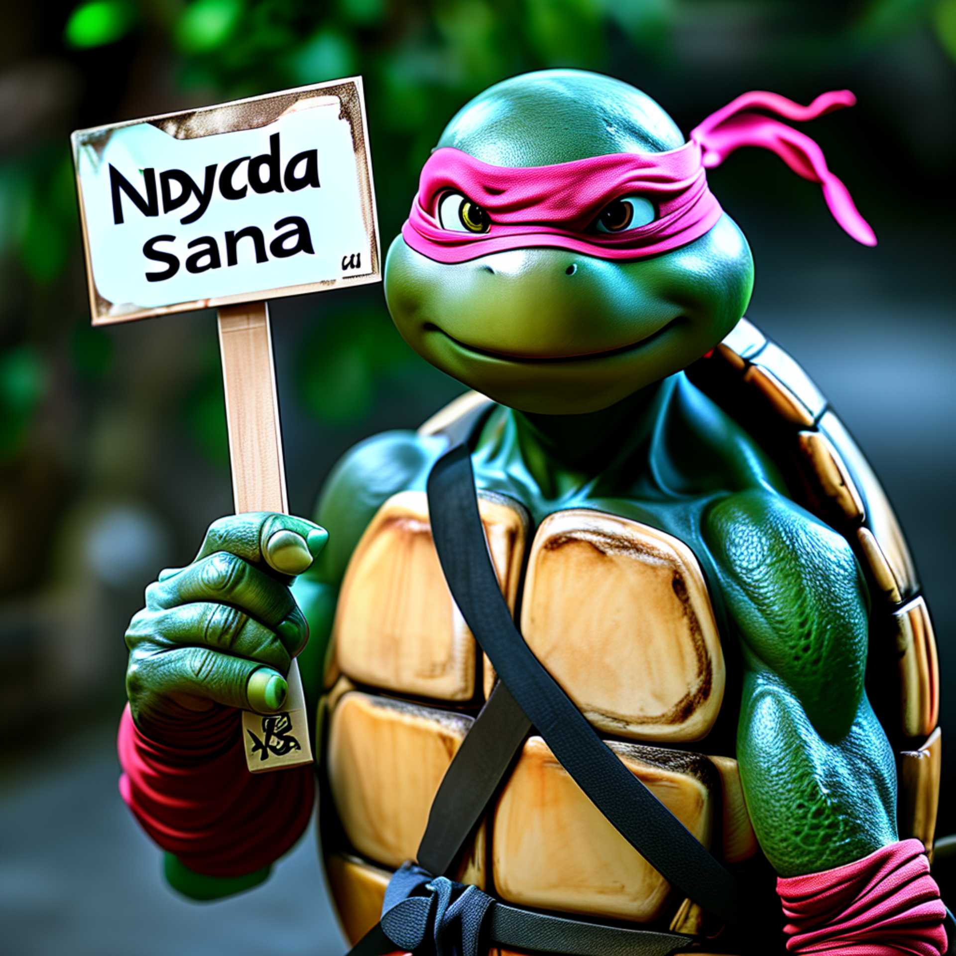 A ninja turtle holding a sign that says "Nvidia Sana"