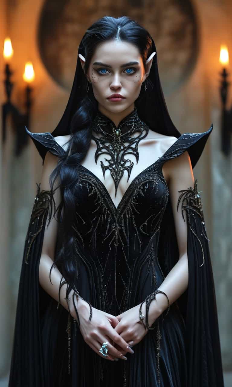 **Artwork Title**: "Xylara, Princess of the Underdeep"

**Visual Description**: Capture Xylara, a striking Drow princess, standing poised and confident. She is approximately 5'8" with an athletic yet slender frame. Xylara's midnight black skin contrasts beautifully with her lustrous silver hair, cascading down her back and delicately framing her face. Her sapphire-like eyes glow with an otherworldly luminescence, hinting at the mysteries she beholds. Her pointed elf ears are symbolic of her noble lineage.

**Dress and Accessories**: She is draped in a tattered yet elegant black velvet cloak, hooded yet revealing the enigmatic glow of her eyes. The cloak is beautifully accented with intricate silvery threads, reflecting the soft, flickering light of nearby torch flames. Around her neck rests a gemstone-encrusted choker, exquisite and imbued with a sense of ancient magic. Dangling from it is an ornate key on a worn leather cord, a mark of her royal status among the Drow—and possibly the source of great power.

**Artistic Style**: Aim for a blend of dark fantasy realism and Baroque influence, highlighting ornate details and dramatic lighting contrasts. 

**Composition**: Position X