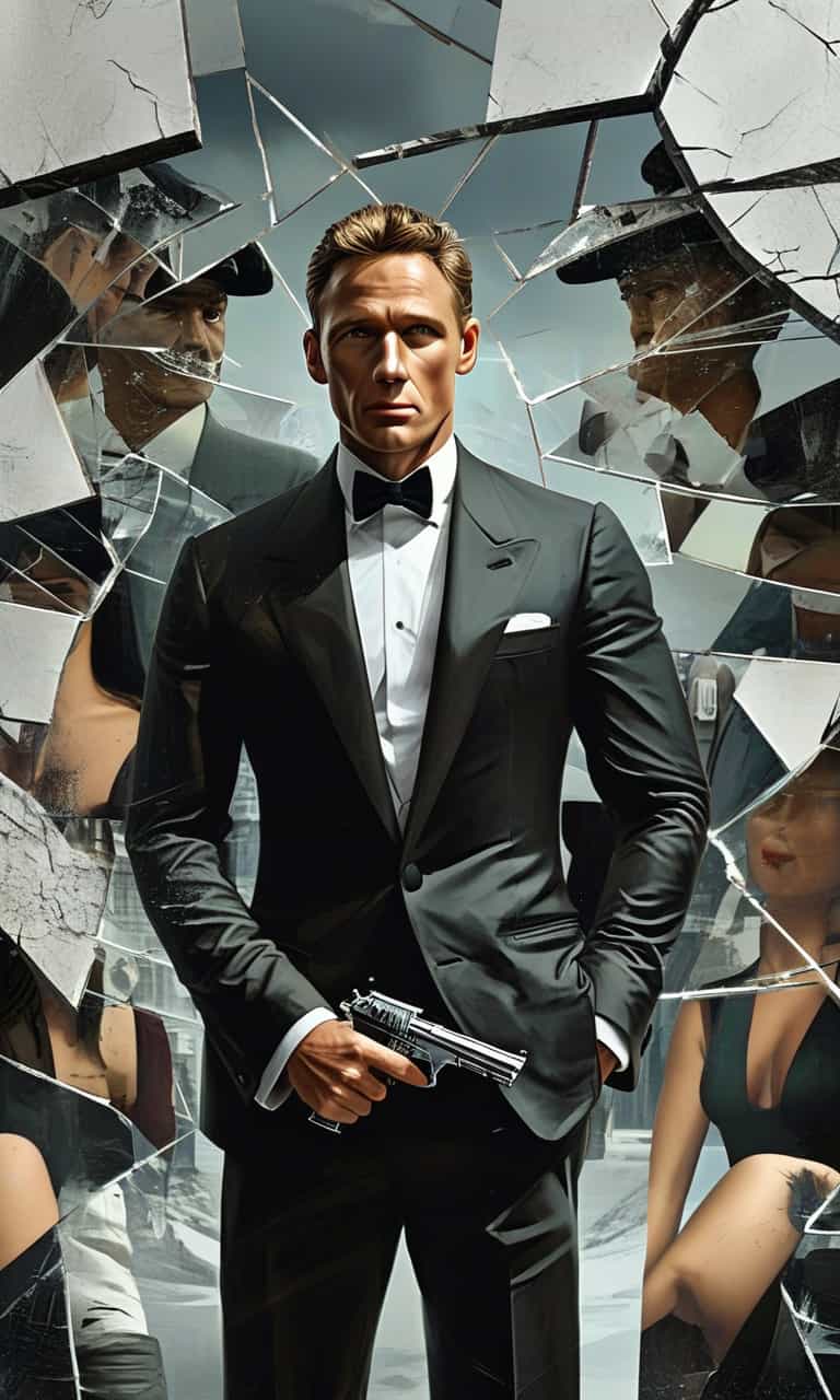 Title: **Cover Art for James Bond Novel - "Bond is Back"**

Visual Details: The central image is dominated by James Bond in a sleek, tailored tuxedo, holding a silenced Walther PPK. The background features a shattered, cracked surface as if the cover itself has been broken, with multiple shards reflecting different scenes. Each shard holds significant detail.

Style: The style is cinematic, hyper-realistic with an air of classic espionage thrillers, capturing a blend of noir and modern action cinematography.

Composition: Bond stands in the center, in a dynamic, action-ready pose. To the left, a close-up of a man’s face visibly cracking as part of the background design, emphasizing the "break" theme. To the right, two striking women, elegantly poised but subtly divided by the breaking surface, their attire hinted as fashionable yet sensual. Below Bond’s figure, in a mirrored shard, two small figures in detailed army uniforms are seen marching, symbolizing a subplot or impending military operation.

Lighting and Colors: The lighting is high contrast, with dramatic shadows to accentuate the tension and mystery. Colors are rich but muted, featuring a palette dominated by deep blues, silvers, and steely grays, punctuated by sharp, contrasting reds and golds.