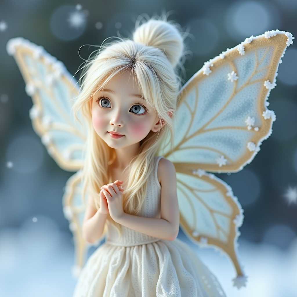 zard1, beautiful shiny, elegant, shiny porcelain, beautiful winter snowflake fairy with eyes open, elegant large intricate, delicate wings looking forward, open eyes, beautiful cheerful face, elegant large intricate, delicate wings, 
