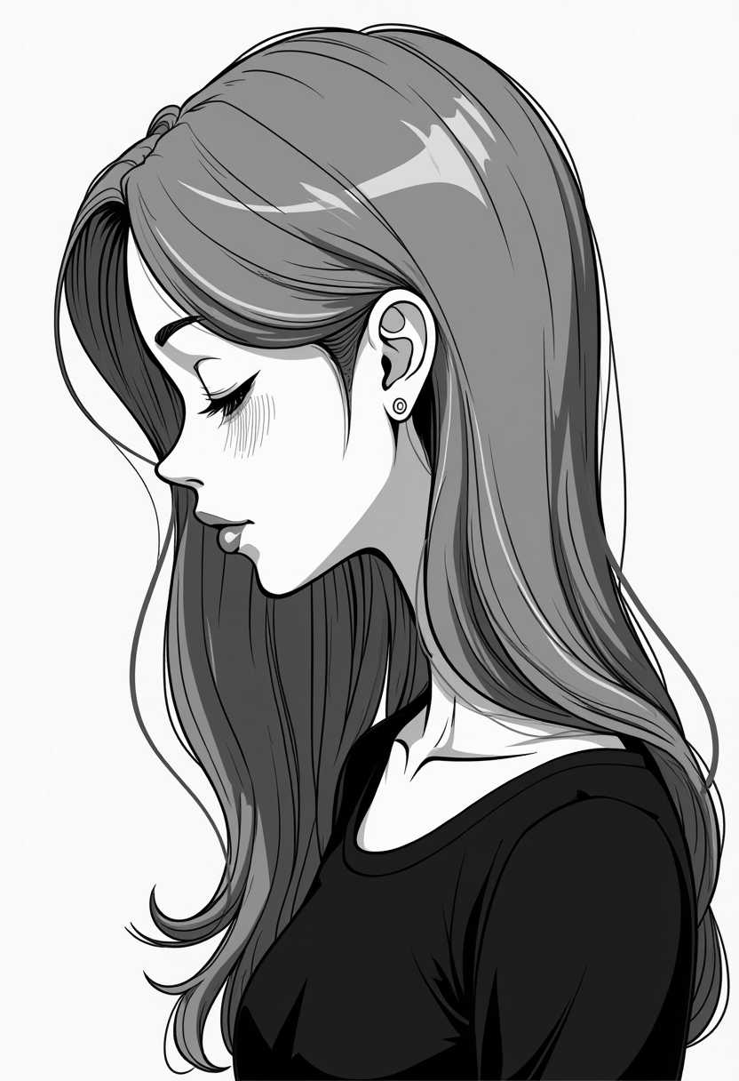 This is a monochromatic illustration, predominantly in black and white, with a few areas of shading that give depth to the subject. The art style is reminiscent of a modern, stylized line drawing, with a focus on clean lines and minimal shading. The medium appears to be digital, given the crispness and uniformity of the lines.The subject of the image is a retro cartoon female figure, captured in profile. Her hair flows elegantly down her back, with a distinct shadow cast on the right side, suggesting a light source coming from the left. The hair is drawn with long, sweeping strokes that give a sense of movement and volume.The figure is wearing a dark top, with the neckline and collarbone visible. The top is depicted with a simple, clean line that outlines the shape of the garment, without any additional detail or texture.The overall mood of the image is contemplative or introspective, suggested by the downward gaze of the figure and the lack of any other objects or characters in the frame. The simplicity of the composition, with its focus on the figure and her hair, creates a sense of elegance and poise.