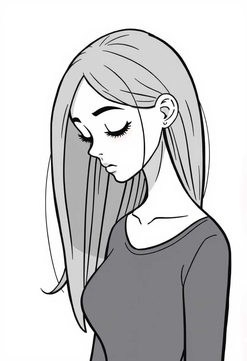 This is a monochromatic illustration, predominantly in black and white, with a few areas of shading that give depth to the subject. The art style is reminiscent of a modern, stylized line drawing, with a focus on clean lines and minimal shading. The medium appears to be digital, given the crispness and uniformity of the lines.The subject of the image is a retro cartoon female figure, captured in profile. Her hair flows elegantly down her back, with a distinct shadow cast on the right side, suggesting a light source coming from the left. The hair is drawn with long, sweeping strokes that give a sense of movement and volume.The figure is wearing a dark top, with the neckline and collarbone visible. The top is depicted with a simple, clean line that outlines the shape of the garment, without any additional detail or texture.The overall mood of the image is contemplative or introspective, suggested by the downward gaze of the figure and the lack of any other objects or characters in the frame. The simplicity of the composition, with its focus on the figure and her hair, creates a sense of elegance and poise.