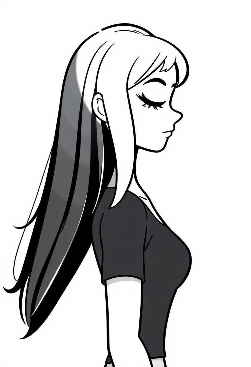 This is a monochromatic illustration, predominantly in black and white, with a few areas of shading that give depth to the subject. The art style is reminiscent of a modern, stylized line drawing, with a focus on clean lines and minimal shading. The medium appears to be digital, given the crispness and uniformity of the lines.The subject of the image is a retro cartoon female figure, captured in profile. Her hair flows elegantly down her back, with a distinct shadow cast on the right side, suggesting a light source coming from the left. The hair is drawn with long, sweeping strokes that give a sense of movement and volume.The figure is wearing a dark top, with the neckline and collarbone visible. The top is depicted with a simple, clean line that outlines the shape of the garment, without any additional detail or texture.The overall mood of the image is contemplative or introspective, suggested by the downward gaze of the figure and the lack of any other objects or characters in the frame. The simplicity of the composition, with its focus on the figure and her hair, creates a sense of elegance and poise.