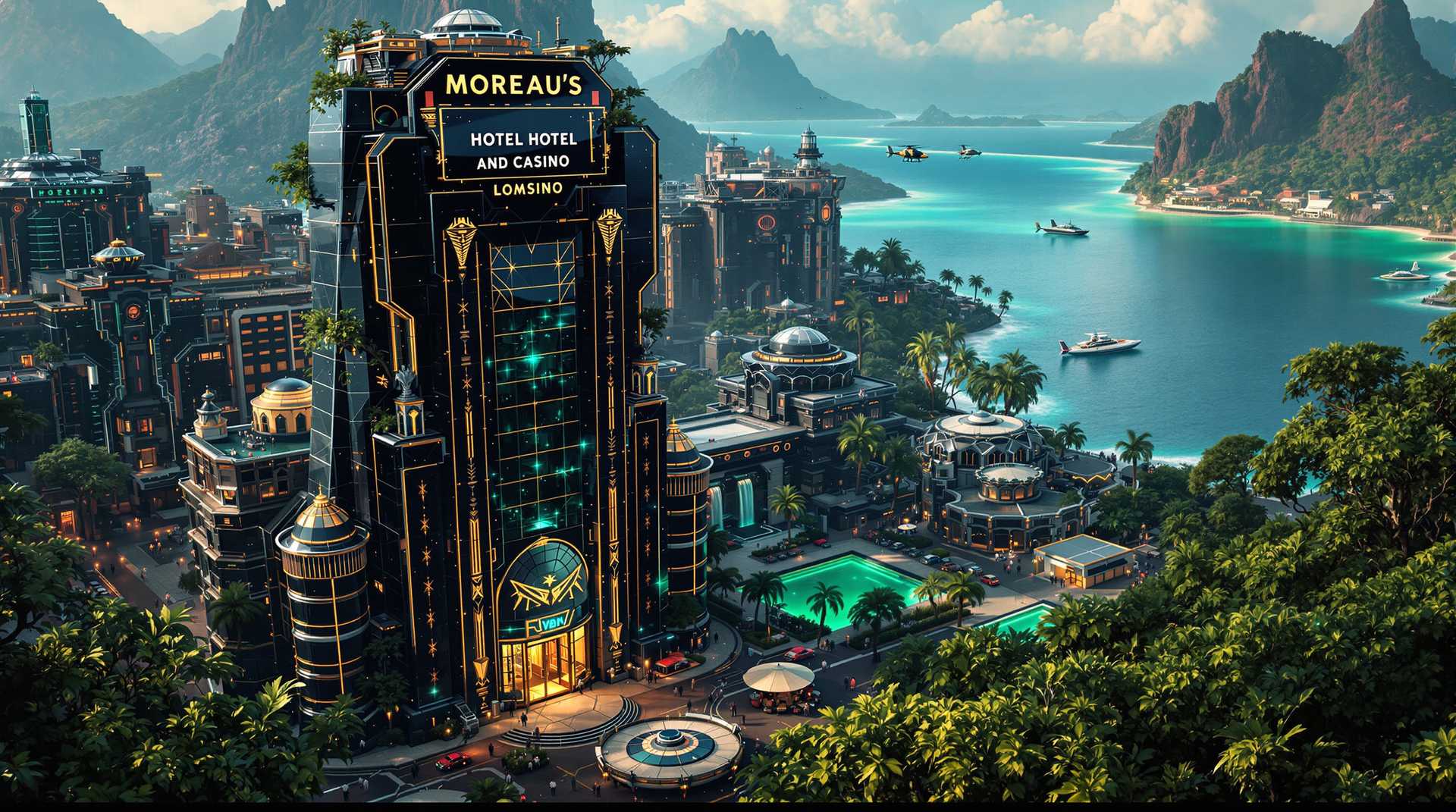 Drone Perspective of Moreau’s Hotel and Lowett’s Island Estate

The drone glides low over the rooftops of a mysterious, elegant city nestled within a lush tropical island. The cityscape is an architectural marvel—a seamless fusion of retro-futuristic, Art Deco, and dieselpunk elements. Angular, metallic rooftops and sleek, automated street-level vehicles give the scene a surreal vibrancy, while glowing neon signs and bioluminescent vines wrap around the urban landscape like a living organism.

At the center of the frame, Moreau’s Hotel and Casino commands attention—a towering monolith of black glass with glowing accents that pulse faintly like a heartbeat. The structure’s gothic futurism is accentuated by angular Lowett-designed gargoyles perched at its heights, their mechanical forms poised as though ready to take flight. The reflective façade catches and distorts the warm, filtered sunlight peeking through the island's alien vegetation, creating an ethereal interplay of light and shadow.

The hotel’s grand entrance is a masterpiece of luxury and menace. Enormous transparent glass doors framed by intricate carvings slide open in near silence, revealing robotic doormen whose movements echo sentient grace. Above the entrance, the sign “Moreau’s Hotel and Casino” glows in elegant gold letters, an emblem of wealth and danger.

The surrounding streets teem with alien flora—luminescent flowers and towering trees with twisting, otherworldly forms. Their vibrant hues clash yet complement the city’s metallic sheen. Tropical breezes send their massive leaves swaying, casting dynamic, shifting shadows across the polished surfaces below. The air buzzes faintly with energy as hovering vehicles drift between the buildings, adding to the city’s surreal character.

The drone ascends higher, its lens panning toward the outskirts of the city. In the distance, Dr. Brain Lowett’s research compound emerges from the dense jungle. Perched on jagged cliffs and surrounded by impassable terrain, it is a fortress of secrecy. Sleek, solar-paneled buildings with domed roofs nestle within the tropical canopy, their metallic surfaces gleaming ominously. A hidden submarine bay glints faintly beneath a volcanic overhang, its presence marked only by the shimmer of camouflaged defense systems.

Near the compound, a futuristic helipad gleams by the water’s edge, with an advanced rotorcraft waiting in readiness. A floating landing strip extends into the glowing green bay, marked by pulsating LED lights. Patrolling robotic sentinels and concealed turrets reinforce the sense that this is no ordinary research station—it is the nerve center of a global mastermind.

As the drone surveys the scene, the sharp contrast between the untouched natural beauty of the island and the sleek dominance of Lowett’s compound becomes apparent. Towering waterfalls cascade from the cliffs into hidden pools below, while volcanic peaks frame the estate like sentinels of stone. Hovering retro-dieselpunk vehicles weave through the air like predatory birds, adding movement to the foreboding tableau.

In the distance, Moreau’s Hotel glows like a dark beacon, tying the city and compound together in a seamless web of intrigue. The drone’s perspective captures this unique juxtaposition of tropical paradise and calculated menace—a cinematic vision of a villain’s lair, blending photorealistic detail with dystopian grandeur. futuristic alien like gargoiles on hotel corners
 at top roof level, 
