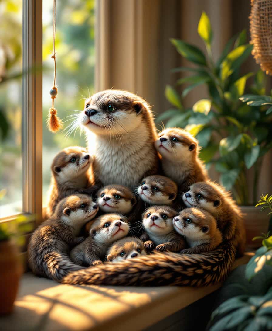 masterpiece, best quality, highres, sharp image, more detail, A whimsical hyper realistic scene of a mother otter surrounded by playful otter babies, showcasing their distinctive fur patterns. The mother otter with striking emerald green eyes, sits gracefully on a plush, sunlit windowsill. The otter babies are scattered around her, each displaying a unique position: one perched on her back, another playfully swatting at a dangling string, and the rest cuddled close, creating an endearing cluster. Soft, golden sunlight filters through the window, casting warm, inviting shadows and highlighting the otter babies' glossy coats. The background features a cozy living room setting, with lush indoor plants and a comfortable sofa, enhancing the homey atmosphere. This delightful moment captures the bond between the mother and her babies, evoking a sense of warmth and joy.