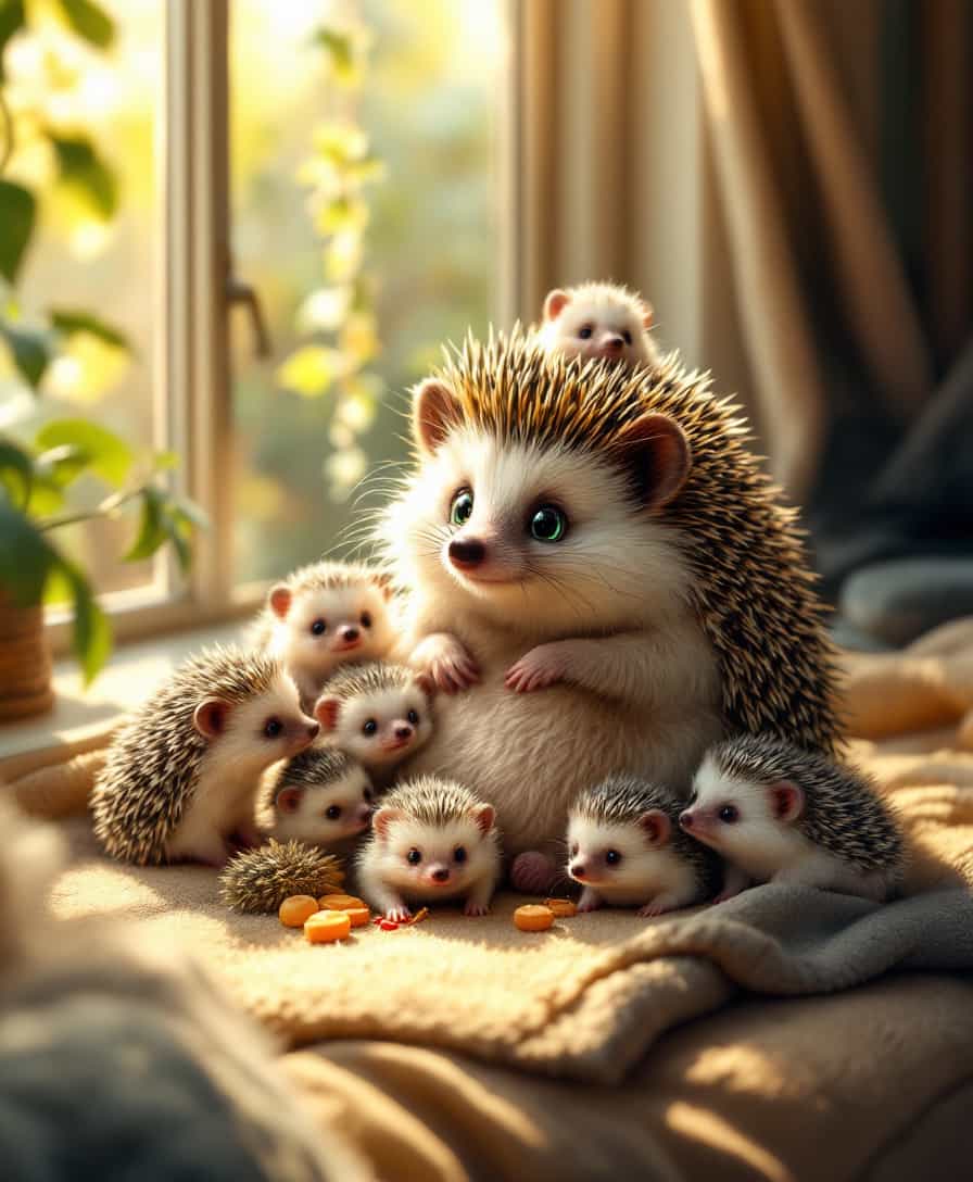 masterpiece, best quality, highres, sharp image, more detail, A whimsical hyper realistic scene of a mother hedgehog surrounded by playful hedgehog babies,The mother hedgehog with striking emerald green eyes, sits gracefully on a plush, sunlit windowsill. The hedgehog babies are scattered around her, each displaying a unique position: one perched on her back, another playfully swatting at a dangling string, and the rest cuddled close, creating an endearing cluster. Soft, golden sunlight filters through the window, casting warm, inviting shadows and highlighting the hedgehog babies' glossy coats. The background features a cozy living room setting, with lush indoor plants and a comfortable sofa, enhancing the homey atmosphere. This delightful moment captures the bond between the mother and her babies, evoking a sense of warmth and joy.