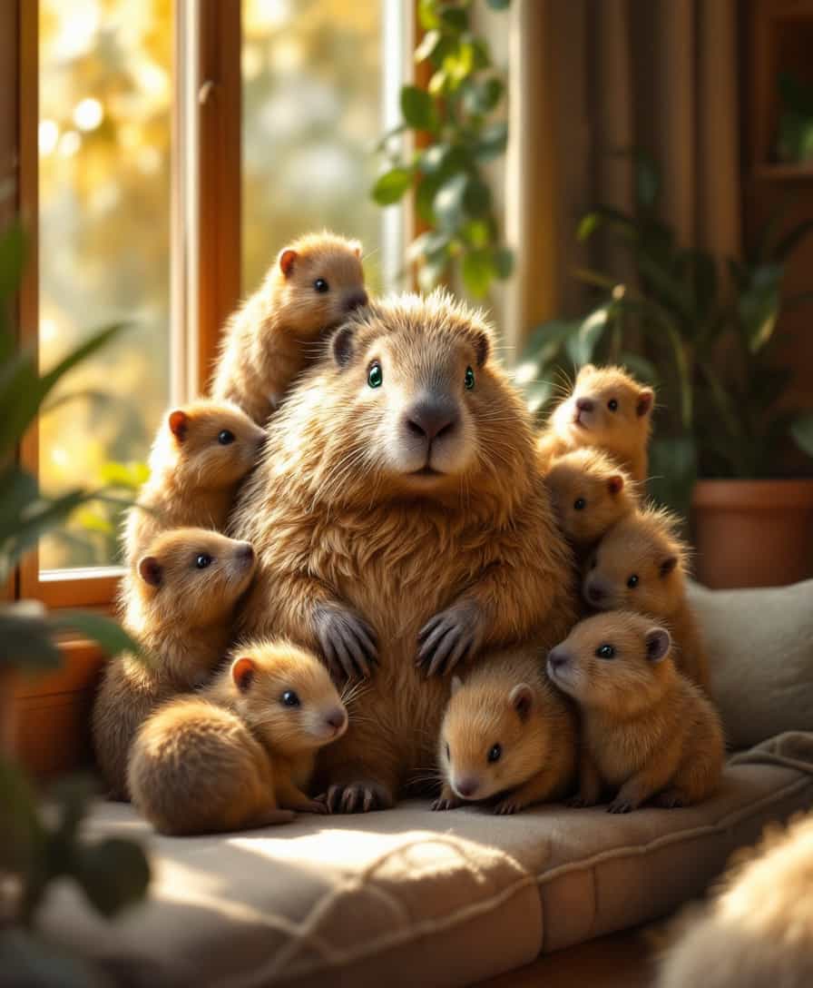 masterpiece, best quality, highres, sharp image, more detail, A whimsical hyper realistic scene of a mother capybara surrounded by playful capybara babies,The mother hedgehog with striking emerald green eyes, sits gracefully on a plush, sunlit windowsill. The capybara babies are scattered around her, each displaying a unique position: one perched on her back, another playfully swatting at a dangling string, and the rest cuddled close, creating an endearing cluster. Soft, golden sunlight filters through the window, casting warm, inviting shadows and highlighting the capybara babies' glossy coats. The background features a cozy living room setting, with lush indoor plants and a comfortable sofa, enhancing the homey atmosphere. This delightful moment captures the bond between the mother and her babies, evoking a sense of warmth and joy.