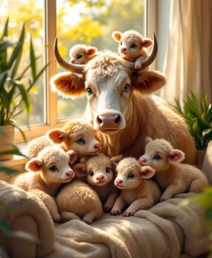 masterpiece, best quality, highres, sharp image, more detail, A whimsical hyper realistic scene of a mother ox surrounded by playful ox babies,The mother ox  with striking emerald green eyes, sits gracefully on a plush, sunlit windowsill. The ox babies are scattered around her, each displaying a unique position: one perched on her back, another playfully swatting at a dangling string, and the rest cuddled close, creating an endearing cluster. Soft, golden sunlight filters through the window, casting warm, inviting shadows and highlighting the ox babies' glossy coats. The background features a cozy living room setting, with lush indoor plants and a comfortable sofa, enhancing the homey atmosphere. This delightful moment captures the bond between the mother and her babies, evoking a sense of warmth and joy.