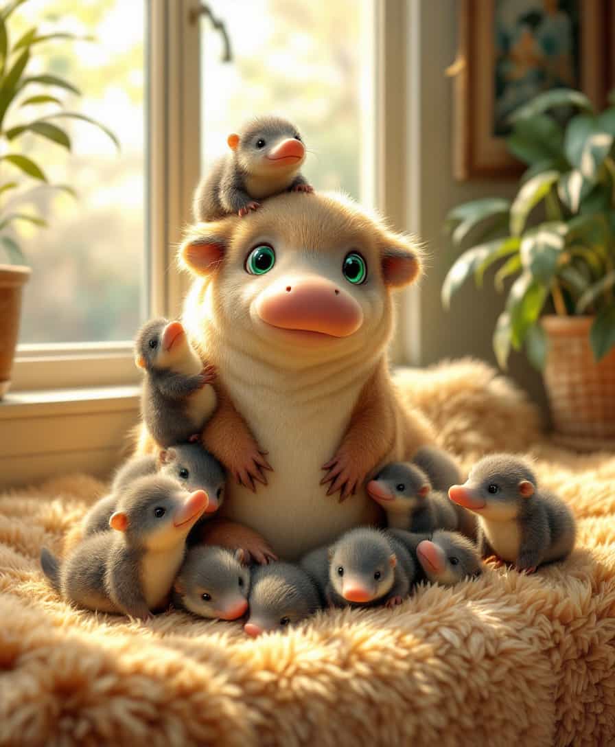 masterpiece, best quality, highres, sharp image, more detail, A whimsical hyper realistic scene of a mother ox surrounded by playful platypus babies,The mother platypus with striking emerald green eyes, sits gracefully on a plush, sunlit windowsill. The platypus babies are scattered around her, each displaying a unique position: one perched on her back, another playfully swatting at a dangling string, and the rest cuddled close, creating an endearing cluster. Soft, golden sunlight filters through the window, casting warm, inviting shadows and highlighting the platypus babies' glossy coats. The background features a cozy living room setting, with lush indoor plants and a comfortable sofa, enhancing the homey atmosphere. This delightful moment captures the bond between the mother and her platypus  babies, evoking a sense of warmth and joy.