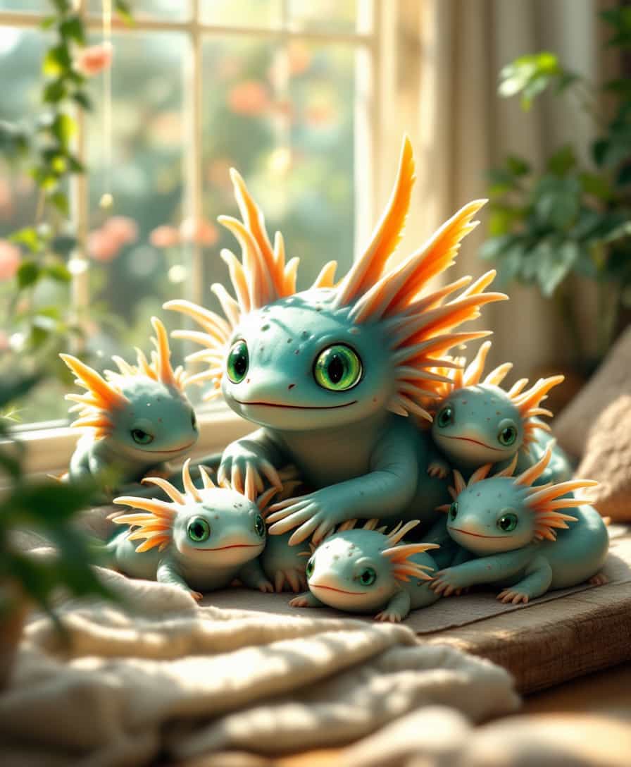 masterpiece, best quality, highres, sharp image, more detail, A whimsical hyper realistic scene of a mother axolotl surrounded by playful axolotl babies,The mother axolotl with striking emerald green eyes, sits gracefully on a plush, sunlit windowsill. The axolotl babies are scattered around her, each displaying a unique position: one perched on her back, another playfully swatting at a dangling string, and the rest cuddled close, creating an endearing cluster. Soft, golden sunlight filters through the window, casting warm, inviting shadows and highlighting the axolotl babies' glossy coats. The background features a cozy living room setting, with lush indoor plants and a comfortable sofa, enhancing the homey atmosphere. This delightful moment captures the bond between the mother and her axolotl babies, evoking a sense of warmth and joy.
