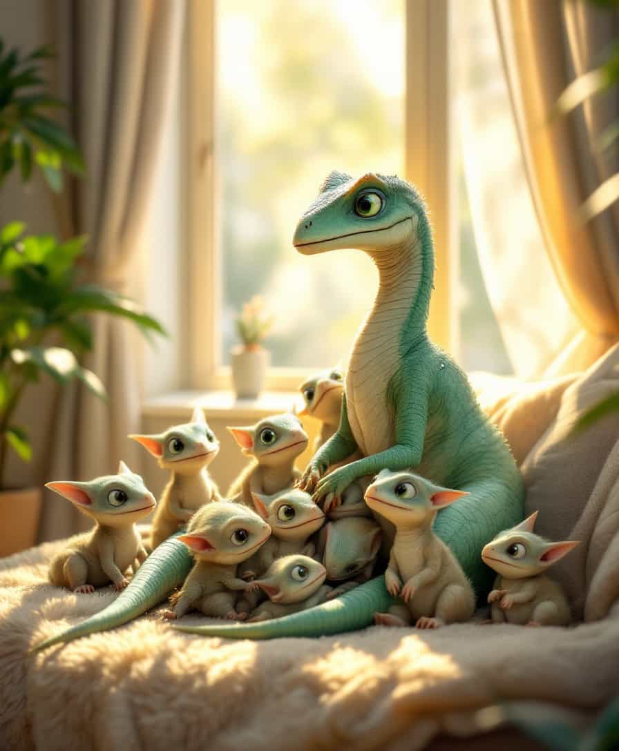masterpiece, best quality, highres, sharp image, more detail, A whimsical hyper realistic scene of a mother pterodactyl surrounded by playful pterodactyl babies,The mother pterodactyl  with striking emerald green eyes, sits gracefully on a plush, sunlit windowsill. The pterodactyl babies are scattered around her, each displaying a unique position: one perched on her back, another playfully swatting at a dangling string, and the rest cuddled close, creating an endearing cluster. Soft, golden sunlight filters through the window, casting warm, inviting shadows and highlighting the pterodactyl  babies' glossy coats. The background features a cozy living room setting, with lush indoor plants and a comfortable sofa, enhancing the homey atmosphere. This delightful moment captures the bond between the mother and her pterodactyl  babies, evoking a sense of warmth and joy.
