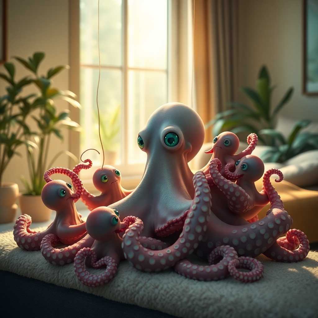 masterpiece, best quality, highres, sharp image, more detail, A whimsical hyper realistic scene of a mother octopus surrounded by playful octopus babies,The mother octopus with striking emerald green eyes, sits gracefully on a plush, sunlit windowsill. The octopus babies are scattered around her, each displaying a unique position: one perched on her back, another playfully swatting at a dangling string, and the rest cuddled close, creating an endearing cluster. Soft, golden sunlight filters through the window, casting warm, inviting shadows and highlighting the octopus babies' glossy coats. The background features a cozy living room setting, with lush indoor plants and a comfortable sofa, enhancing the homey atmosphere. This delightful moment captures the bond between the mother and her octopus babies, evoking a sense of warmth and joy.