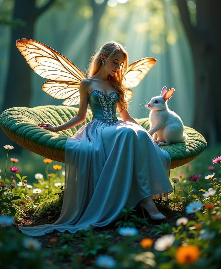 sun-dappled forest glade suffused with luminescent hues of emerald and cerulean, alice reclining upon a verdant mushroom throne of magnificent scale, golden hair cascading over alabaster shoulders, periwinkle corset embroidered with gossamer silver vines, iridescent silk skirt billowing like morning mist, ethereal wings unfurled behind her, translucence caressed by sunbeams, delicate as a dragonfly's, eyes of cerulean wonder reflective of the azure sky, one silken leg poised in elegant repose

charming white rabbit, waistcoat adorned with an intricate pattern of vine and clock motifs, fob watch dangling from a slender chain, curious gaze capturing the shared moment of enchantment

twilight-filtered arboreal canopy above, vivid shimmers of dreamlike light painting warm, abstract mosaics upon the forest floor, opalescent flora dotting the landscape with kaleidoscopic vibrancy

ethereal composition balanced by the interplay of shadow and luminescence, rich detail accentuating the fantastical aura, photo quality exceptional, every facet rendered with exquisite sharpness, capturing essence of whimsical allure