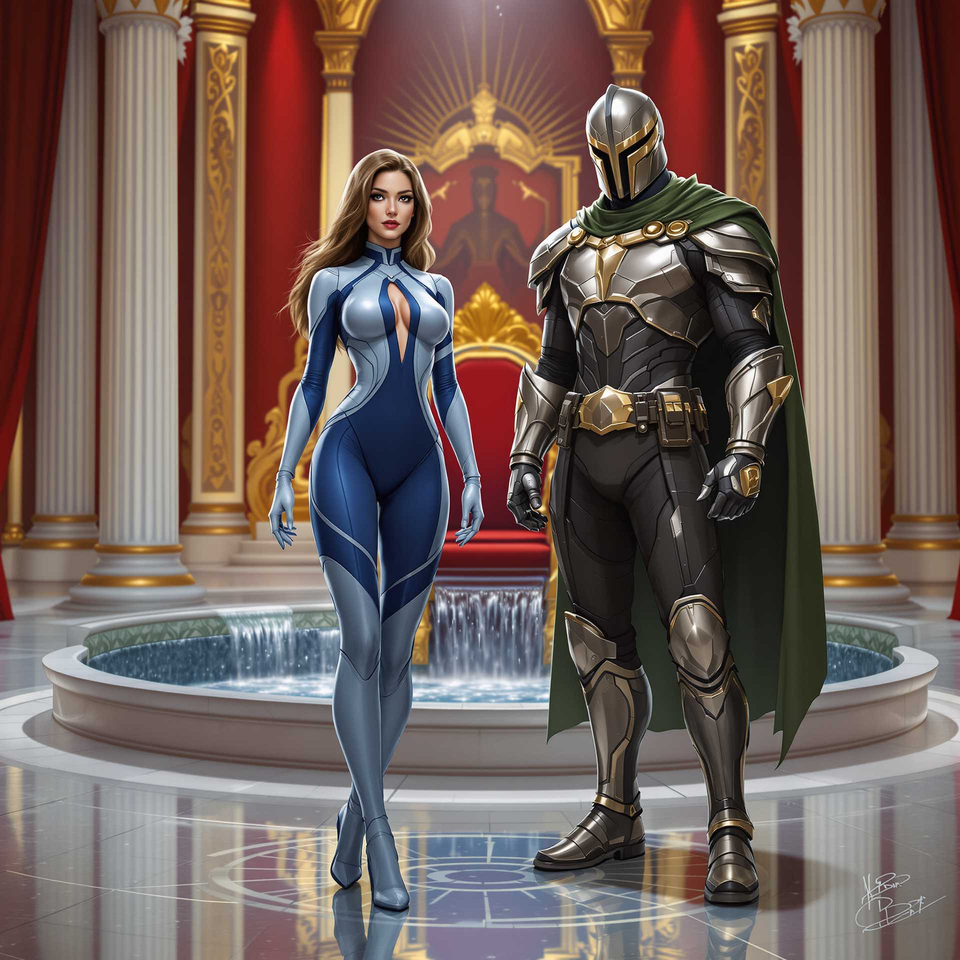 In the image, we see two characters in a grand, opulent setting that suggests a regal or noble environment. Heres a detailed description of the visual elements present1. Characters Female Character She is dressed in a sleek, blue and silver bodysuit with thighhigh boots. The bodysuit has a high neckline and a keyhole cutout at the chest. Her outfit is completed with a pair of white gloves and thighhigh stockings. Male Character He is clad in a detailed, armored costume with a green cape, a metallic helmet with a visor, and gauntlets. The armor is adorned with gold accents and a belt with a large buckle. He also wears a utility belt with pouches.2. Environment Background The setting is a richly decorated room with a red and gold color scheme. The walls are embellished with intricate designs and framed with white columns. Theres a throne visible in the background, which is adorned with a red velvet cushion and a golden frame. Floor The floor is made of polished marble, reflecting the light and adding to the grandeur of the room. Lighting The lighting in the room is soft and diffused, casting a warm glow that highlights the textures and colors of the characters and the surroundings.3. Additional Details Water Feature There is a reflective, circular water feature in the foreground, which adds a sense of depth and tranquility to the scene. Waterfall Behind the water feature, there is a small waterfall cascading down, contributing to the serene ambiance. Water Droplets There are realisticlooking water droplets scattered around the water feature, giving the impression of movement and freshness.4. Artistic Style The image has a high level of detail and realism, with smooth textures and a lifelike quality to the characters and the environment. The lighting and shadows are carefully rendered to create a threedimensional effect, enhancing the overall depth and richness of the scene.5. Signatures At the bottom right corner, there are two signatures, likely of the creators or artists responsible for the image.
