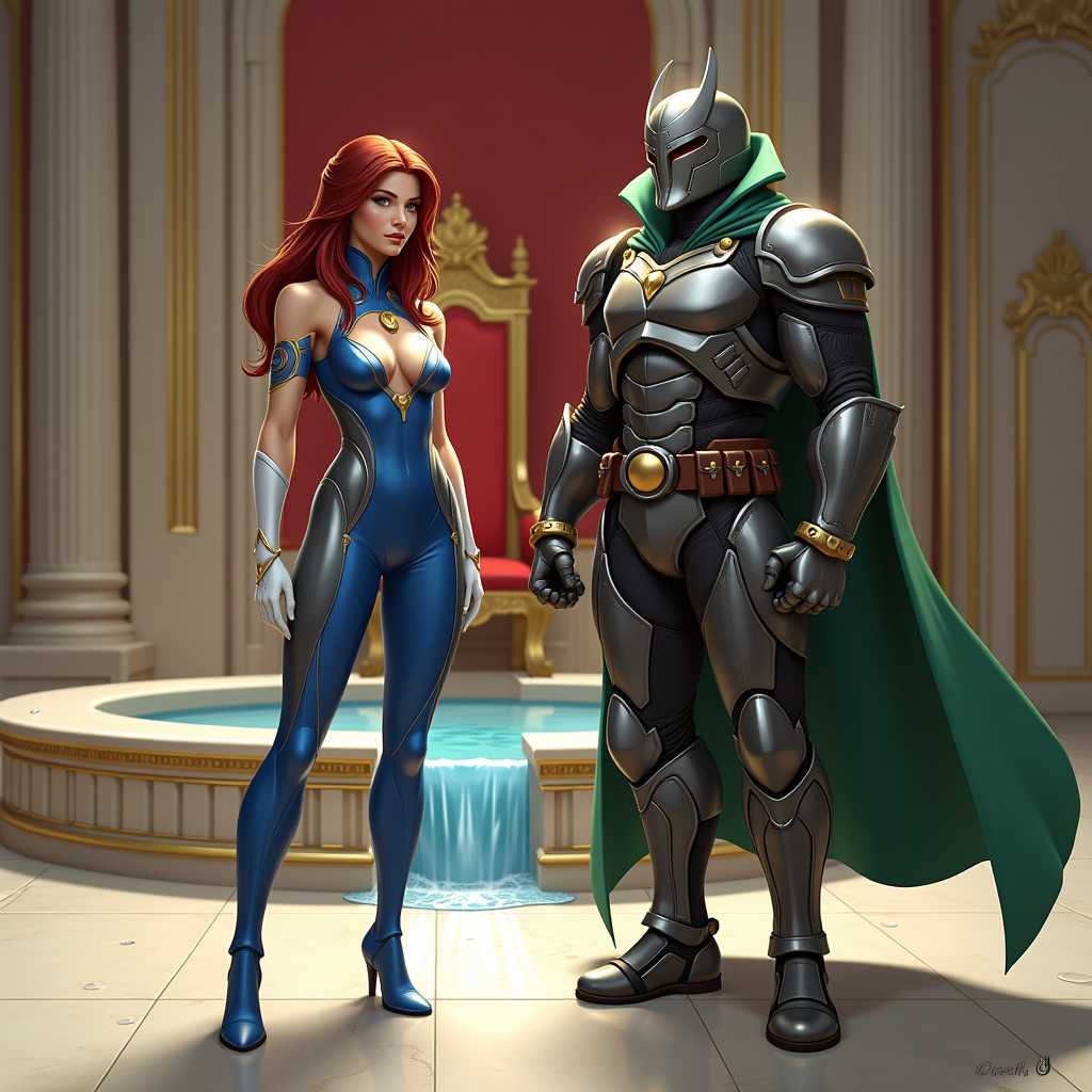 In the image, we see two characters in a grand, opulent setting that suggests a regal or noble environment. Heres a detailed description of the visual elements present1. Characters Female Character She is dressed in a sleek, blue and silver bodysuit with thighhigh boots. The bodysuit has a high neckline and a keyhole cutout at the chest. Her outfit is completed with a pair of white gloves and thighhigh stockings. Male Character He is clad in a detailed, armored costume with a green cape, a metallic helmet with a visor, and gauntlets. The armor is adorned with gold accents and a belt with a large buckle. He also wears a utility belt with pouches.2. Environment Background The setting is a richly decorated room with a red and gold color scheme. The walls are embellished with intricate designs and framed with white columns. Theres a throne visible in the background, which is adorned with a red velvet cushion and a golden frame. Floor The floor is made of polished marble, reflecting the light and adding to the grandeur of the room. Lighting The lighting in the room is soft and diffused, casting a warm glow that highlights the textures and colors of the characters and the surroundings.3. Additional Details Water Feature There is a reflective, circular water feature in the foreground, which adds a sense of depth and tranquility to the scene. Waterfall Behind the water feature, there is a small waterfall cascading down, contributing to the serene ambiance. Water Droplets There are realisticlooking water droplets scattered around the water feature, giving the impression of movement and freshness.4. Artistic Style The image has a high level of detail and realism, with smooth textures and a lifelike quality to the characters and the environment. The lighting and shadows are carefully rendered to create a threedimensional effect, enhancing the overall depth and richness of the scene.5. Signatures At the bottom right corner, there are two signatures, likely of the creators or artists responsible for the image.