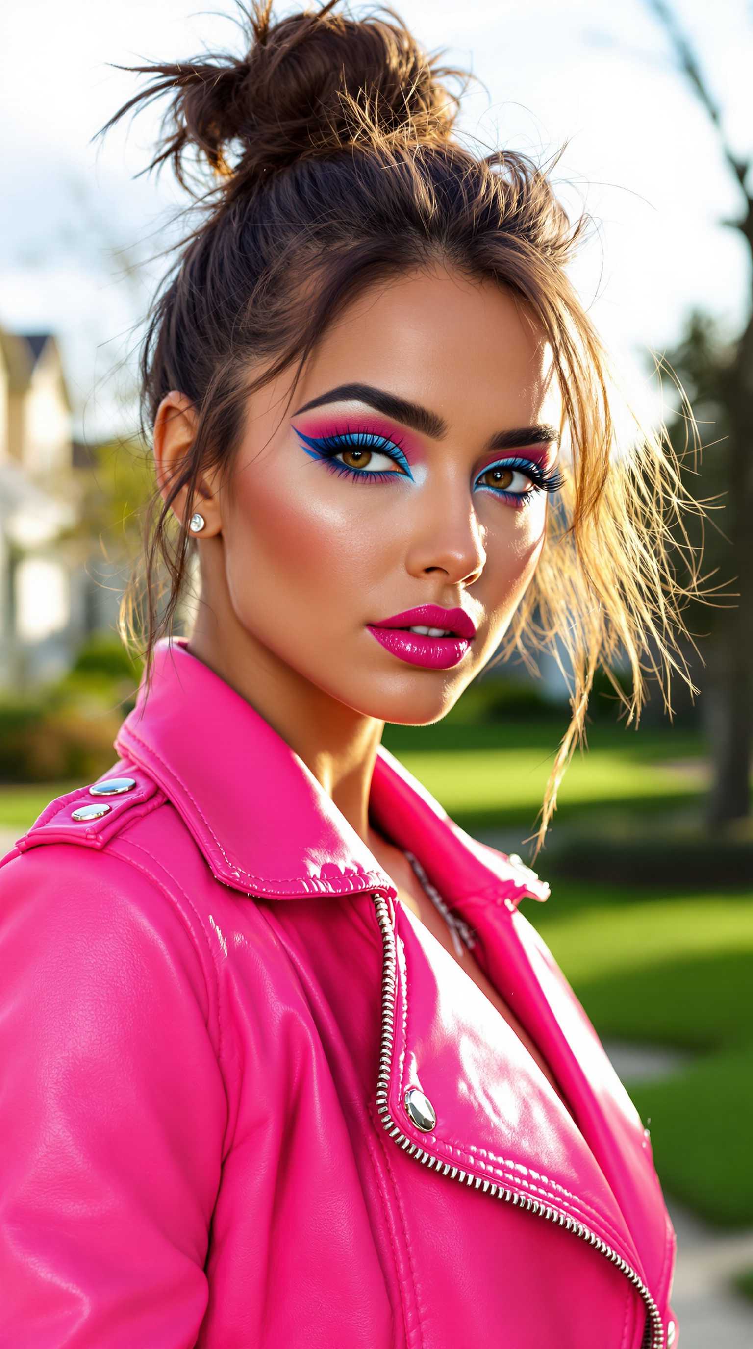 This image is a closeup portrait of a woman standing outdoors. The subject is wearing a bright pink leather jacket with a shiny finish, detailed with silver buttons and zippers. The jacket has a structured fit with pronounced shoulders and collar, giving it a somewhat edgy appearance.The woman hair is styled in a messy bun, with strands escaping and framing the face, adding a sense of casualness to the overall look.The subjects makeup is bold and dramatic, with a focus on the eyes. The eyeliner is a striking blue, which stands out against the tan skin and is paired with a similarly blue eyeshadow that matches the jacket. The eyebrows are thick and well groomed, and the mascara is volumizing, giving the eyes a pronounced look. The lips are coated in a glossy pink lipstick that complements the jacket.The background is a suburban neighborhood with houses, a manicured lawn, and a tree. The lighting suggests its a sunny day, with the shadows indicating a time close to either sunrise or sunset. The colors in the background are soft and muted, with greens and browns, which contrast with the bright pink of the jacket and the blue of the makeup.The art style of the image is realistic with a touch of digital enhancement, likely achieved through photo editing software. The lighting and shadows are welldefined, and the textures of the jacket and skin are rendered with a high degree of detail. The overall effect is a polished and stylized portrait that captures the subjects confident and fashionable demeanor.