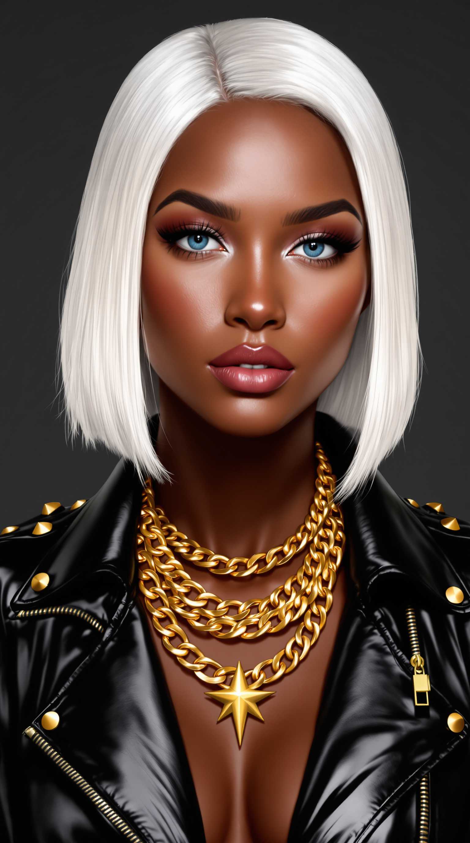 This image is a digital illustration that showcases a closeup portrait of a woman. The art style is highly stylized and appears to be a blend of realism with a touch of digital painting, as evidenced by the smooth blending of colors and the soft shading.The medium seems to be a digital painting software, which allows for a high level of detail and control over the final image. The colors are rich and vibrant, with a focus on contrast and saturation. The woman has a complexion that is a deep brown, which stands out against the lighter tones of her white hair and the dark background.She has blue eyes.The hair is a striking white, with a gradient effect that transitions from a darker root to a lighter tip. The hair is styled in a sleek, straight bob cut that falls just below the jawline, giving it a modern and chic appearance.The subject is wearing a black leather jacket with a high collar and a zippered front. The jacket has a shiny, glossy finish, which reflects light and adds depth to the image. The jacket is detailed with gold studs and zippers, which provide a subtle gleam and add to the edgy, fashionable vibe of the outfit.Around the neck, the subject is wearing a double layered gold chain necklace. The chain is thick and chunky, with a star pendant at the center. The pendant is a bright gold, which stands out against the darker tones of the chain, and it adds a touch of glamour and sophistication to the overall look.The background is a solid, dark gray, which serves to highlight the subject and the details of their outfit. The lighting in the image is soft and diffused, with a gentle shadow cast on the subjects right side, which adds to the three dimensional effect of the portrait.Overall, the image exudes a sense of modern elegance and style, with a focus on bold colors, sleek silhouettes, and luxurious details.