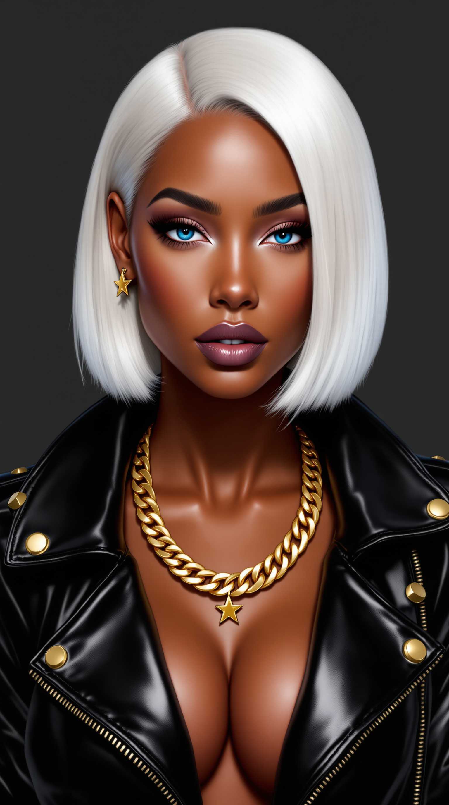 This image is a digital illustration that showcases a closeup portrait of a woman. The art style is highly stylized and appears to be a blend of realism with a touch of digital painting, as evidenced by the smooth blending of colors and the soft shading.The medium seems to be a digital painting software, which allows for a high level of detail and control over the final image. The colors are rich and vibrant, with a focus on contrast and saturation. The woman has a complexion that is a deep brown, which stands out against the lighter tones of her white hair and the dark background.She has blue eyes.The hair is a striking white, with a gradient effect that transitions from a darker root to a lighter tip. The hair is styled in a sleek, straight bob cut that falls just below the jawline, giving it a modern and chic appearance.The subject is wearing a black leather jacket with a high collar and a zippered front. The jacket has a shiny, glossy finish, which reflects light and adds depth to the image. The jacket is detailed with gold studs and zippers, which provide a subtle gleam and add to the edgy, fashionable vibe of the outfit.Around the neck, the subject is wearing a double layered gold chain necklace. The chain is thick and chunky, with a star pendant at the center. The pendant is a bright gold, which stands out against the darker tones of the chain, and it adds a touch of glamour and sophistication to the overall look.The background is a solid, dark gray, which serves to highlight the subject and the details of their outfit. The lighting in the image is soft and diffused, with a gentle shadow cast on the subjects right side, which adds to the three dimensional effect of the portrait.Overall, the image exudes a sense of modern elegance and style, with a focus on bold colors, sleek silhouettes, and luxurious details.