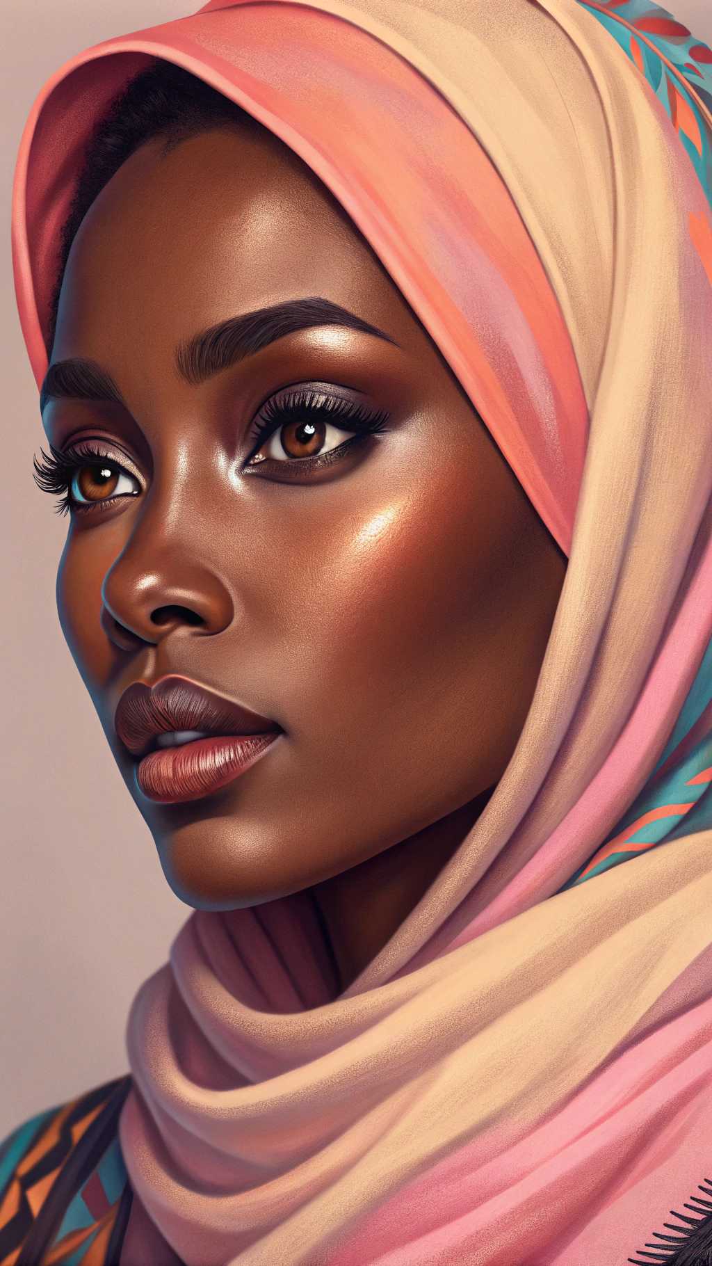 This image is a digital illustration that showcases a closeup portrait of a woman. The art style is highly stylized and appears to be a blend of realism with a touch of digital painting, as evidenced by the smooth blending of colors and the soft shading.The medium seems to be a digital painting software, which allows for a high level of detail and control over the final image. The colors are rich and vibrant, with a focus on contrast and saturation. The woman has a complexion that is a deep brown, which stands out against the lighter tones of her white hair and the dark background.She has blue eyes.The hair is a striking white, with a gradient effect that transitions from a darker root to a lighter tip. The hair is styled in a sleek, straight bob cut that falls just below the jawline, giving it a modern and chic appearance.The subject is wearing a black leather jacket with a high collar and a zippered front. The jacket has a shiny, glossy finish, which reflects light and adds depth to the image. The jacket is detailed with gold studs and zippers, which provide a subtle gleam and add to the edgy, fashionable vibe of the outfit.Around the neck, the subject is wearing a double layered gold chain necklace. The chain is thick and chunky, with a star pendant at the center. The pendant is a bright gold, which stands out against the darker tones of the chain, and it adds a touch of glamour and sophistication to the overall look.The background is a solid, dark gray, which serves to highlight the subject and the details of their outfit. The lighting in the image is soft and diffused, with a gentle shadow cast on the subjects right side, which adds to the three dimensional effect of the portrait.Overall, the image exudes a sense of modern elegance and style, with a focus on bold colors, sleek silhouettes, and luxurious details.
