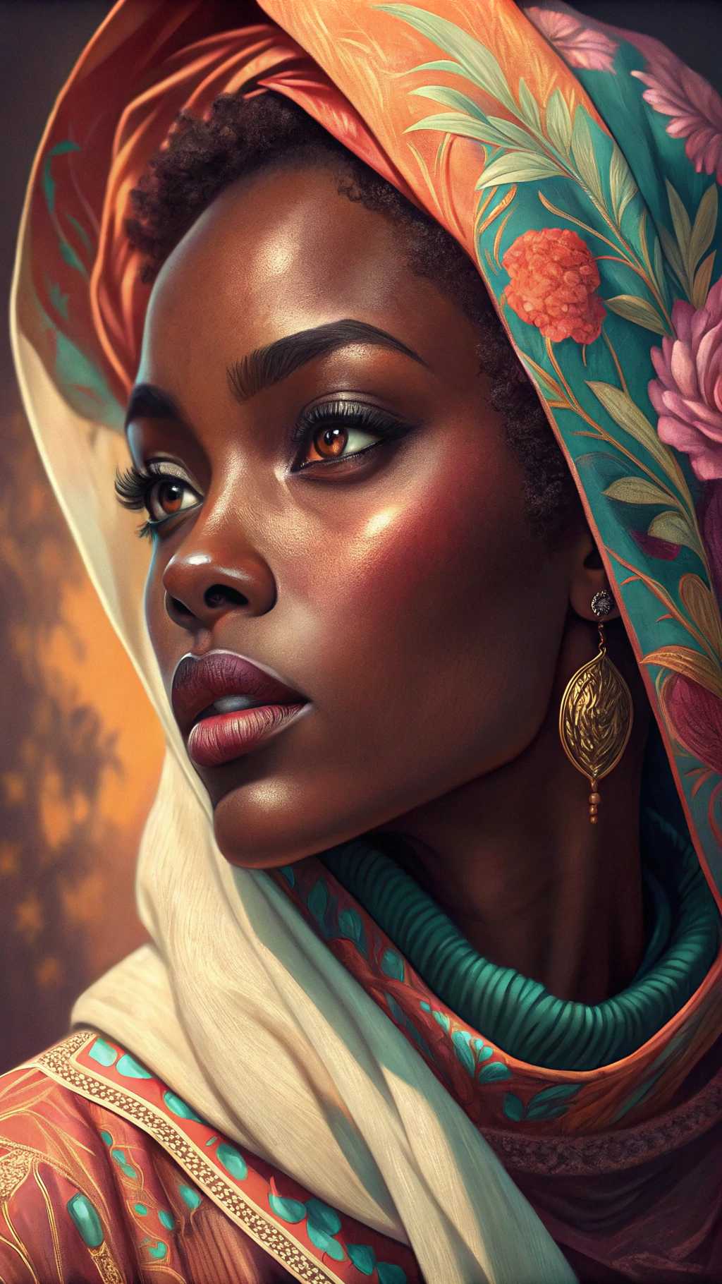 This image is a digital illustration that showcases a closeup portrait of a woman. The art style is highly stylized and appears to be a blend of realism with a touch of digital painting, as evidenced by the smooth blending of colors and the soft shading.The medium seems to be a digital painting software, which allows for a high level of detail and control over the final image. The colors are rich and vibrant, with a focus on contrast and saturation. The woman has a complexion that is a deep brown, which stands out against the lighter tones of her white hair and the dark background.She has blue eyes.The hair is a striking white, with a gradient effect that transitions from a darker root to a lighter tip. The hair is styled in a sleek, straight bob cut that falls just below the jawline, giving it a modern and chic appearance.The subject is wearing a black leather jacket with a high collar and a zippered front. The jacket has a shiny, glossy finish, which reflects light and adds depth to the image. The jacket is detailed with gold studs and zippers, which provide a subtle gleam and add to the edgy, fashionable vibe of the outfit.Around the neck, the subject is wearing a double layered gold chain necklace. The chain is thick and chunky, with a star pendant at the center. The pendant is a bright gold, which stands out against the darker tones of the chain, and it adds a touch of glamour and sophistication to the overall look.The background is a solid, dark gray, which serves to highlight the subject and the details of their outfit. The lighting in the image is soft and diffused, with a gentle shadow cast on the subjects right side, which adds to the three dimensional effect of the portrait.Overall, the image exudes a sense of modern elegance and style, with a focus on bold colors, sleek silhouettes, and luxurious details.