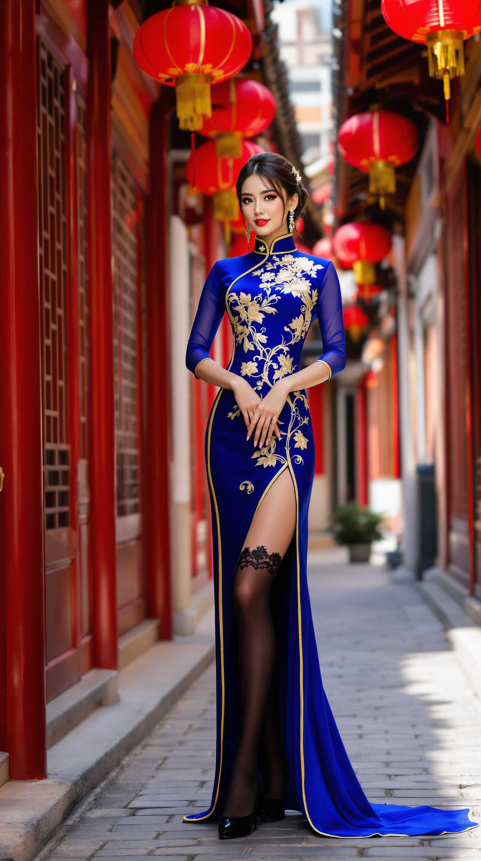 This image is a high resolution photograph that captures a woman dressed in a traditional Chinese cheongsam, standing confidently in an alleyway that exudes a sense of historical Asian architecture. The cheongsam is a royal blue with gold trim and embroidery, featuring a high neckline and a large bust ,a side slit that elegantly reveals her legs. The person is wearing black thigh high stockings with lace detailing and black high heels, which add a modern twist to the traditional attire.The alleyway is lined with buildings that have red lanterns hanging from the eaves, and the architecture suggests a Chinese setting. The buildings have traditional wooden lattice windows and red columns, which are common in Chinese temples and palaces. The cobblestone pavement underfoot and the red lanterns contribute to the warm, inviting atmosphere of the scene.The lighting in the image is bright and natural, with sunlight filtering through the buildings and casting soft shadows on the ground. The colors in the image are rich and vibrant, with the royal blue of the cheongsam standing out against the warm tones of the alleyway and the red lanterns. The contrast between the traditional attire and the modern accessories adds depth to the composition.The person in the image is posed confidently with one hand on their hip and the other gently resting on their thigh, conveying a sense of strength and poise. The overall art style of the image is realistic, with attention to detail in the textures and materials, and the medium appears to be digital photography.
