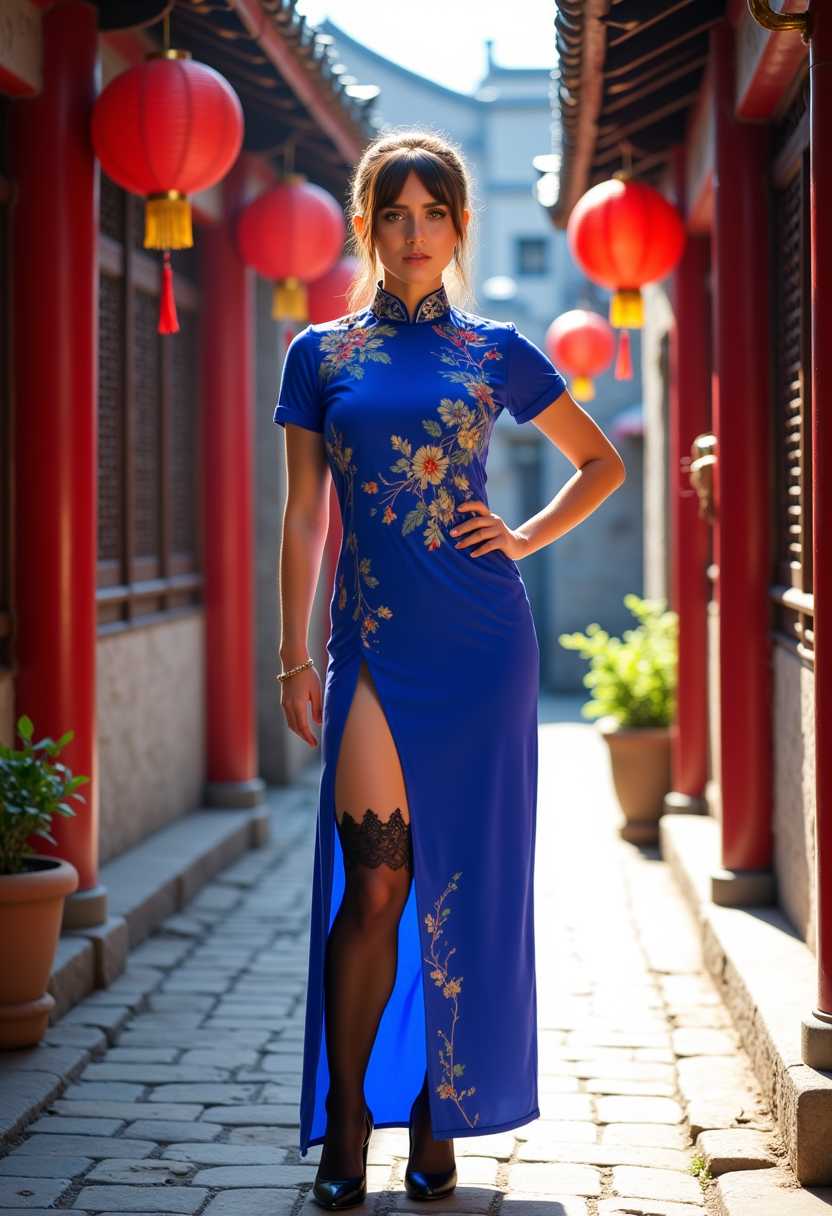 a photo of ANA$, This image is a high resolution photograph that captures a woman"Chun-Li" dressed in a traditional Chinese cheongsam, standing confidently in an alleyway that exudes a sense of historical Asian architecture. The cheongsam is a royal blue with gold trim and embroidery, featuring a high neckline and a large bust ,a side slit that elegantly reveals her legs. The person is wearing black thigh high stockings with lace detailing and black high heels, which add a modern twist to the traditional attire.She has a curvy body.The alleyway is lined with buildings that have red lanterns hanging from the eaves, and the architecture suggests a Chinese setting. The buildings have traditional wooden lattice windows and red columns, which are common in Chinese temples and palaces. The cobblestone pavement underfoot and the red lanterns contribute to the warm, inviting atmosphere of the scene.The lighting in the image is bright and natural, with sunlight filtering through the buildings and casting soft shadows on the ground. The colors in the image are rich and vibrant, with the royal blue of the cheongsam standing out against the warm tones of the alleyway and the red lanterns. The contrast between the traditional attire and the modern accessories adds depth to the composition.The person in the image is posed confidently with one hand on their hip and the other gently resting on their thigh, conveying a sense of strength and poise. The overall art style of the image is realistic, with attention to detail in the textures and materials, and the medium appears to be digital photography.